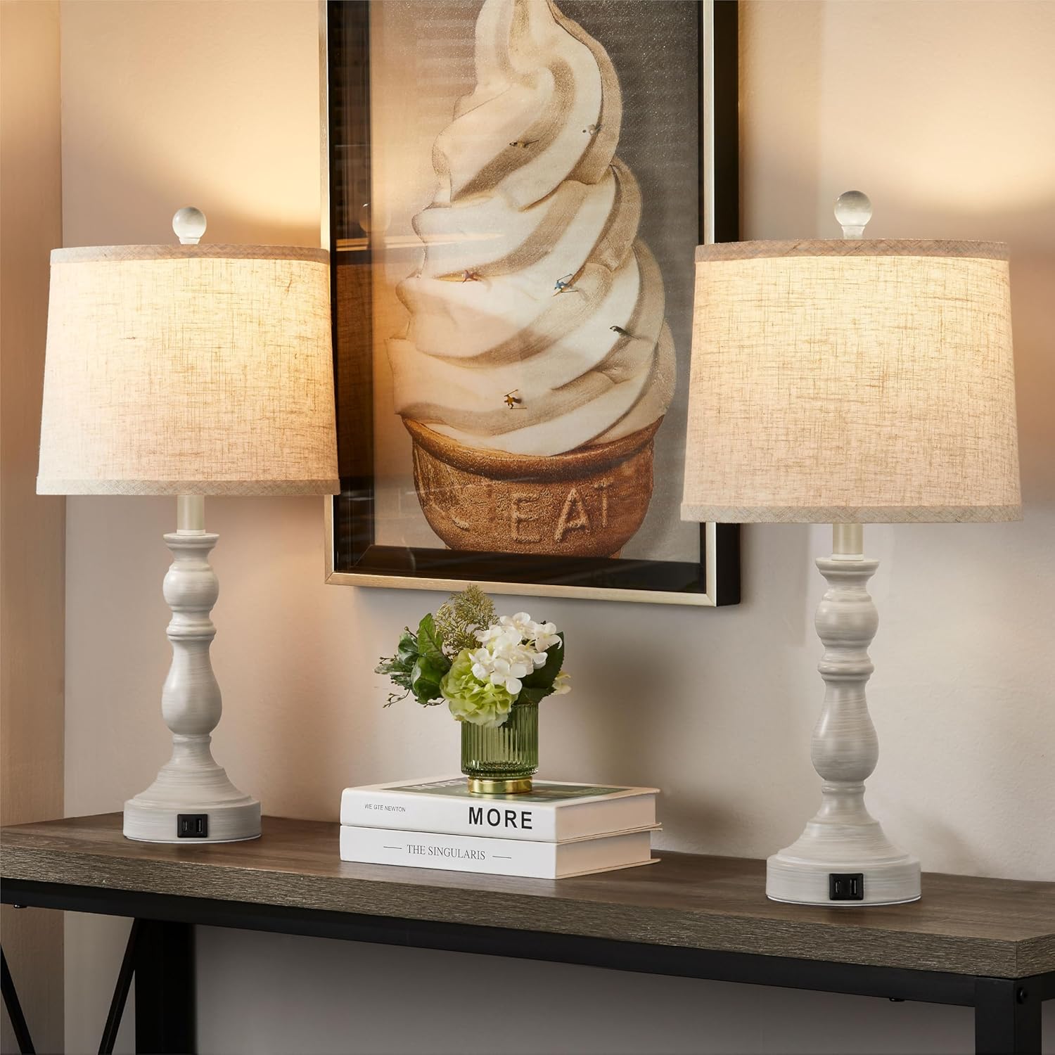 Farmhouse Side Table Lamps for Living Room Set of 2 with USB C+A Ports, Bedside Lamp for Bedroom, Dining Room Decor, Office, End Table…