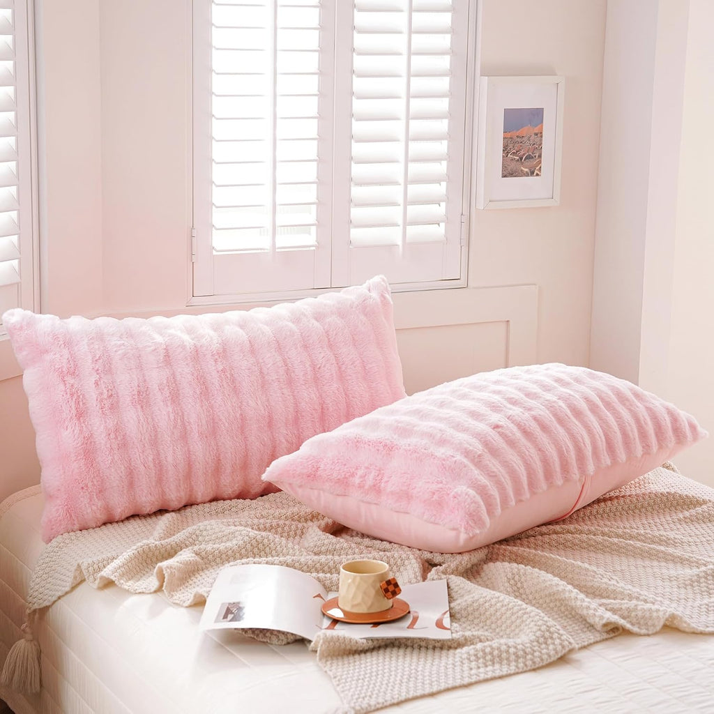 Uhamho Set of 2 Faux Fur Pillowcases, Luxury Bubble Waffle Carved Plush Standard Size Pillow Shams Soft and Furry, Zipper Closure (Pink, 20…