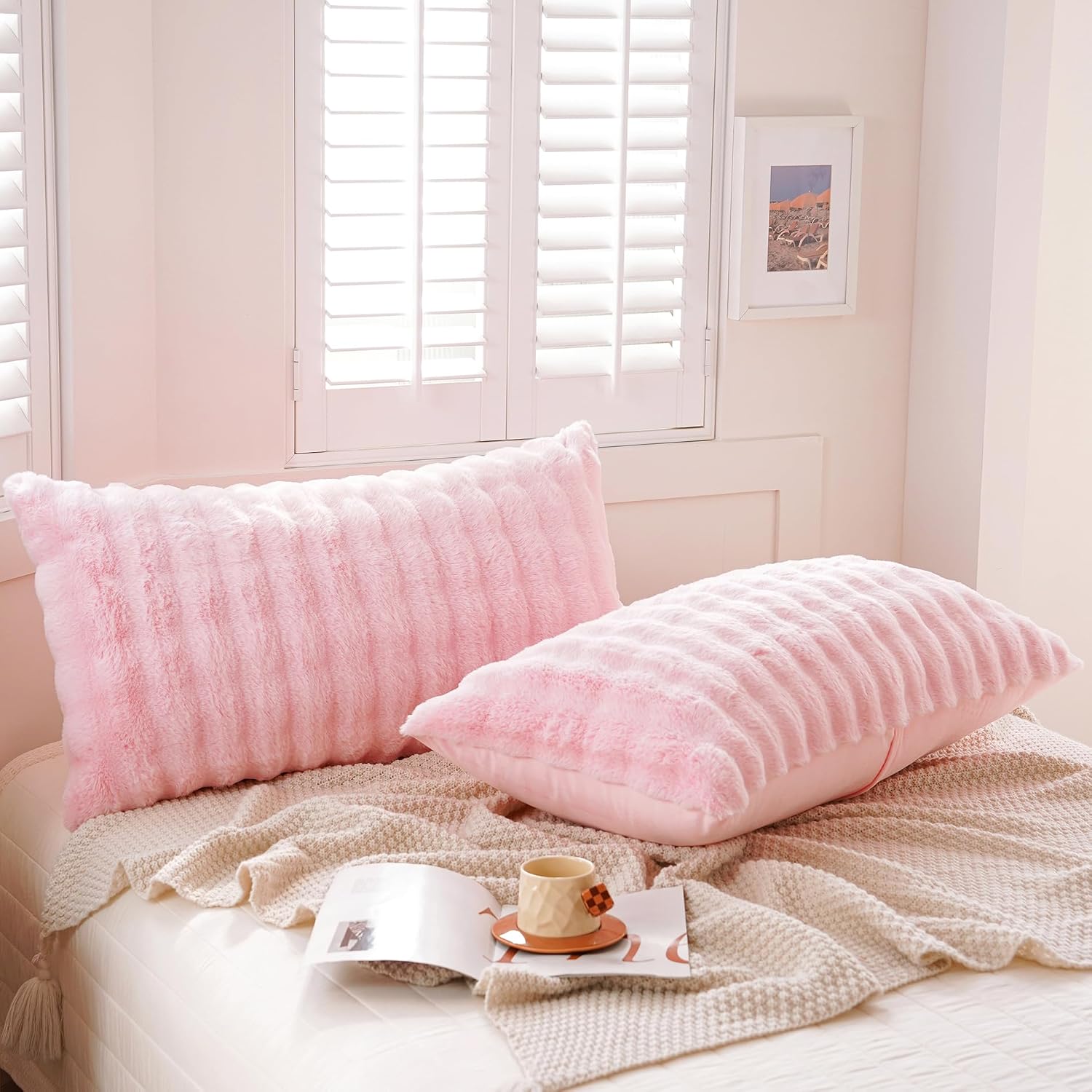 Uhamho Set of 2 Faux Fur Pillowcases, Luxury Bubble Waffle Carved Plush Standard Size Pillow Shams Soft and Furry, Zipper Closure (Pink, 20…