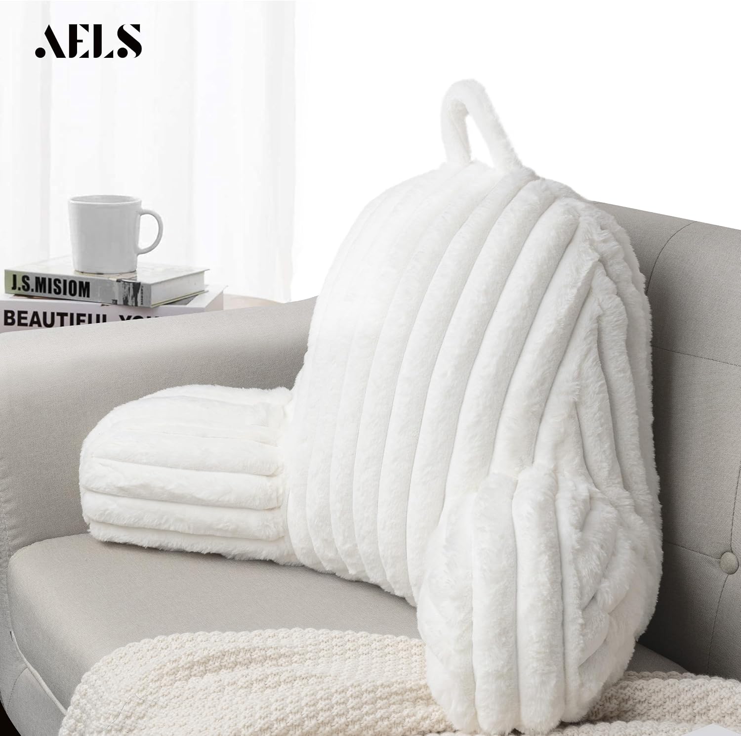 Aels Large Reading Pillow Replacement Cover with Arms and Pockets (Cover ONLY), 18" Soft Faux Fur Striped Backrest Pillow Cover Fits Standa…