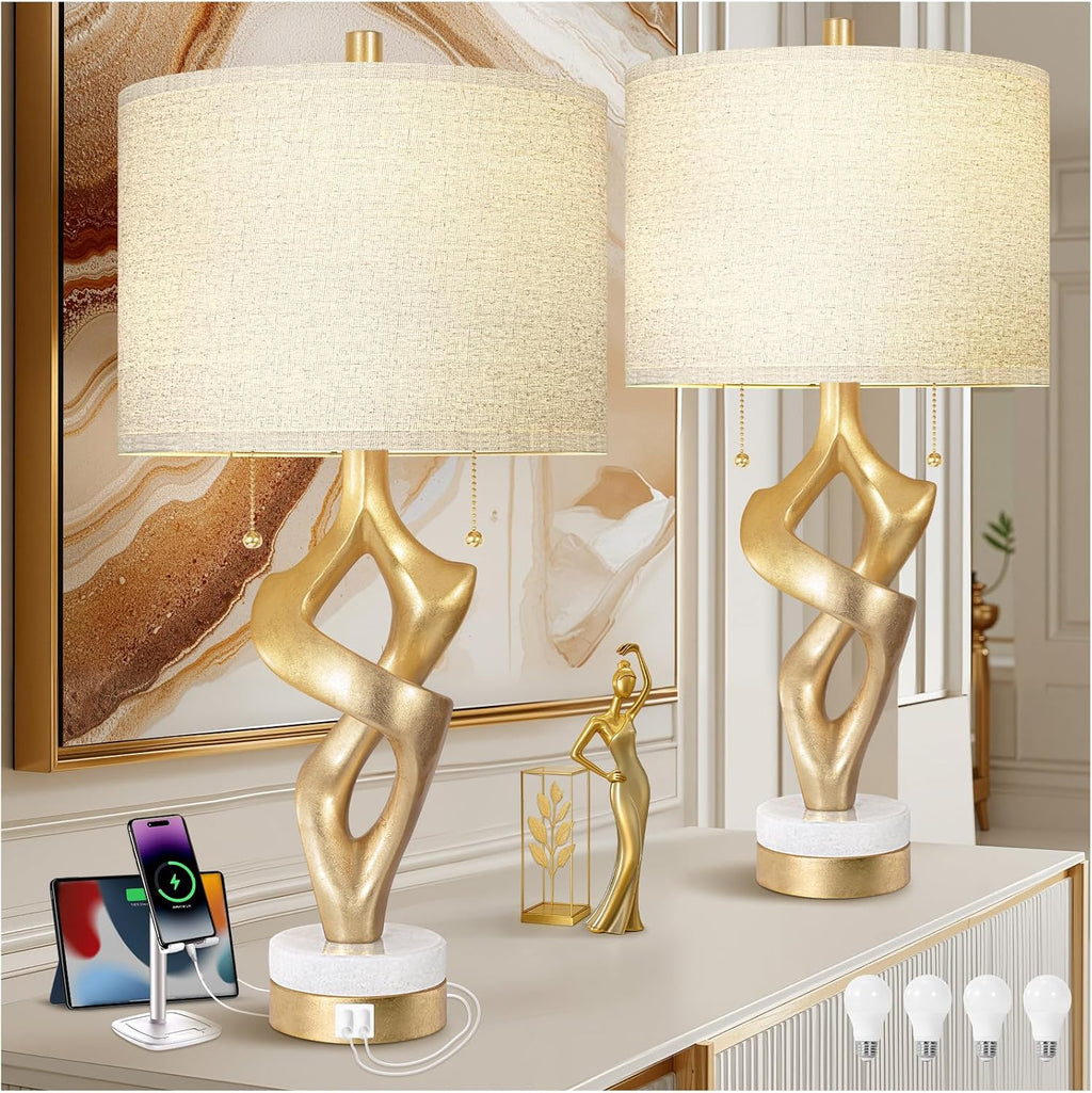 Scenekoy Sculptural Table Lamp Set of 2 with USB Ports for Bedroom Living Room, 26” Gold Leaf Marble Base Bedside Lamps, Pull Chains…