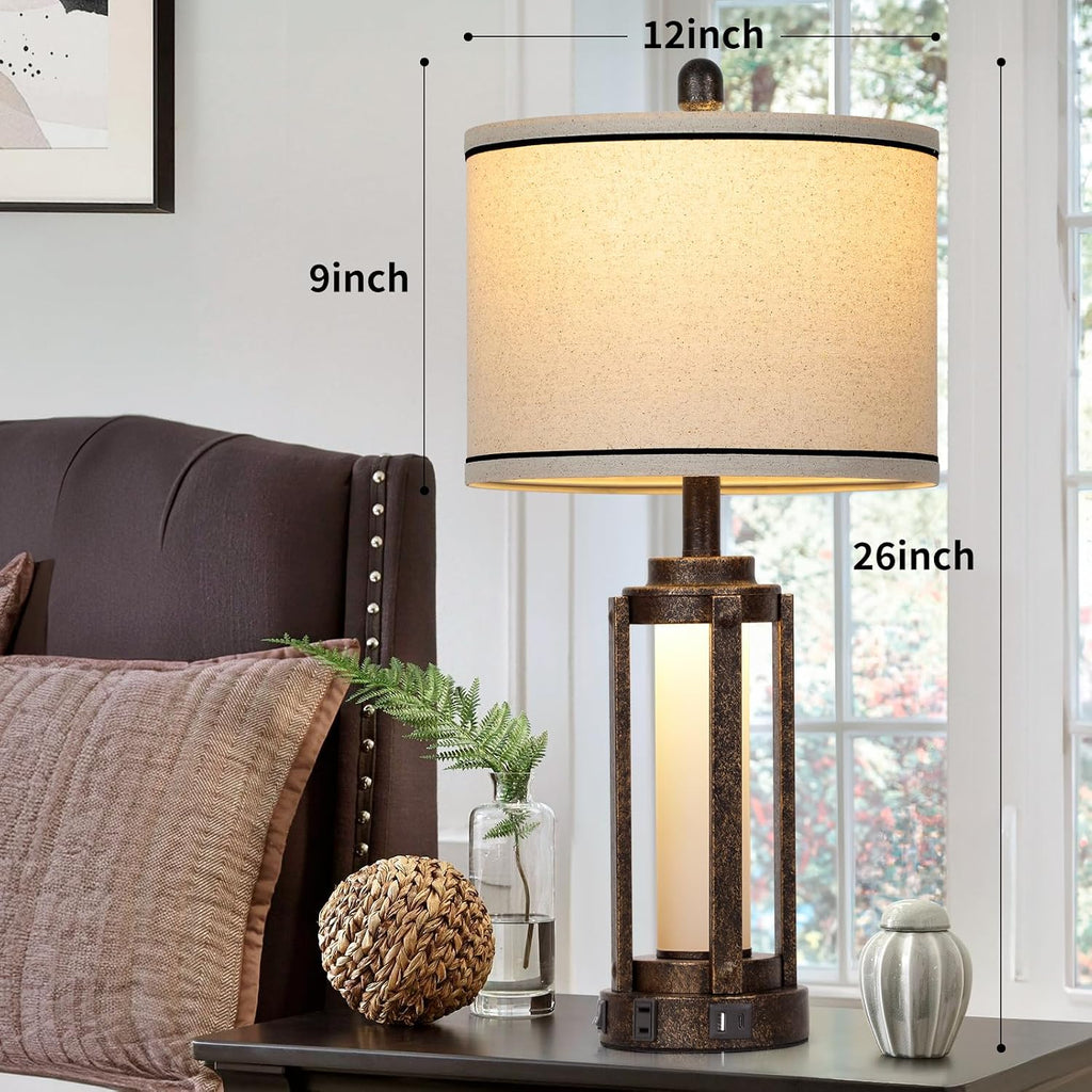 Farmhouse Industrial Lamp with USB A+C Charging Ports & AC Outlet, 26" Vintage Rustic Retro Table Lamp with Glass LED Night Light & Linen…