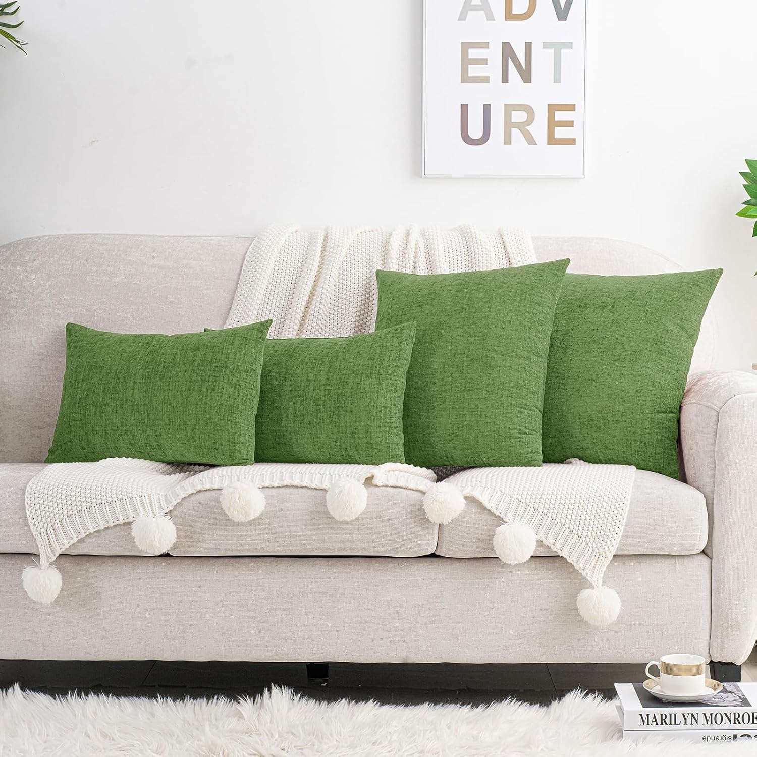 Hwy50 HWY 50 Forest Green Couch Pillow Covers 22x22 Inch Pack of 2, Soft Chenille Decorative Throw Pillow Cases Farmhouse for Spring Sofa L…