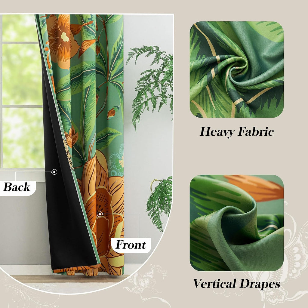 Tyrot Sage Green Boho Floral 100% Blackout Curtains for Bedroom 63 inch Long 2 Panels Butterfly Botanical Black Out Curtains for Living…