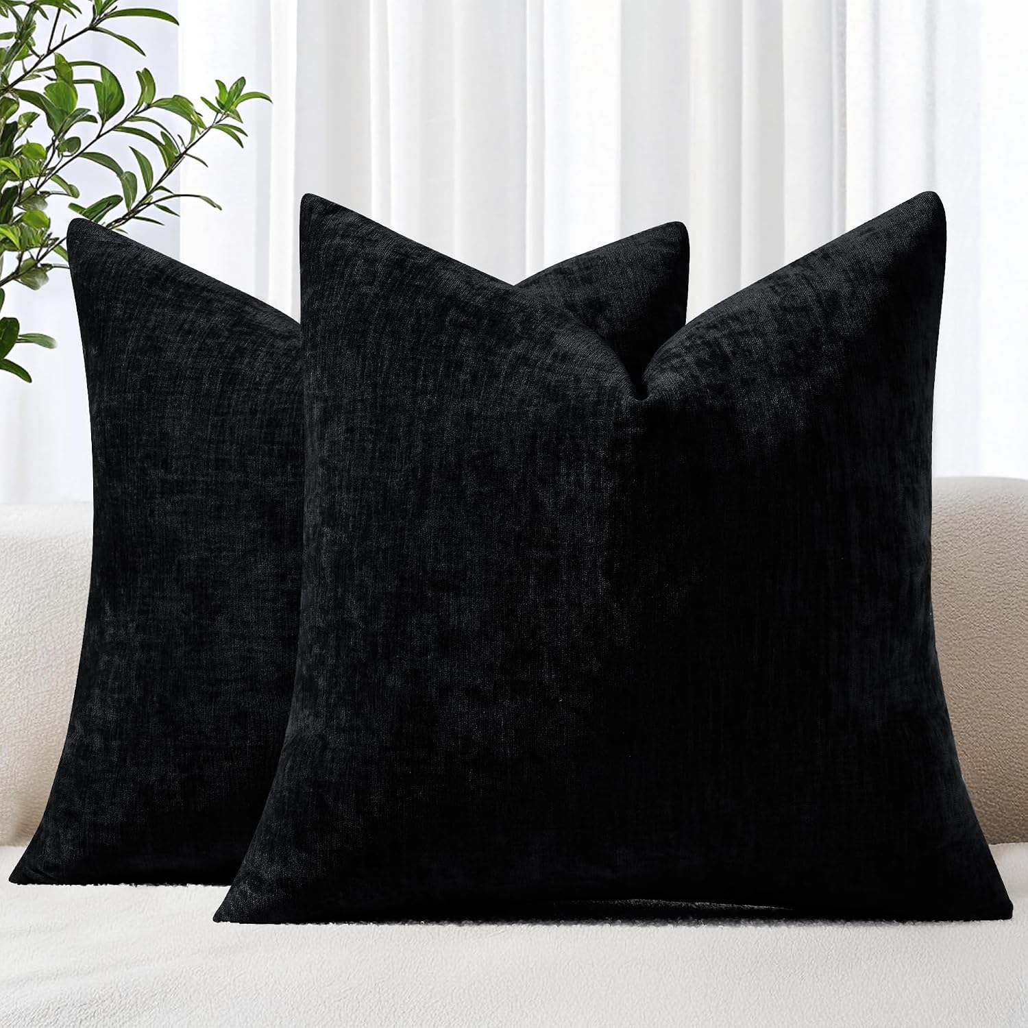 decorUhome Chenille Black Throw Pillow Covers 18x18 Inch Set of 2, Decorative Soft Couch Pillow Covers Solid Dyed Accent Farmhouse Neutral…