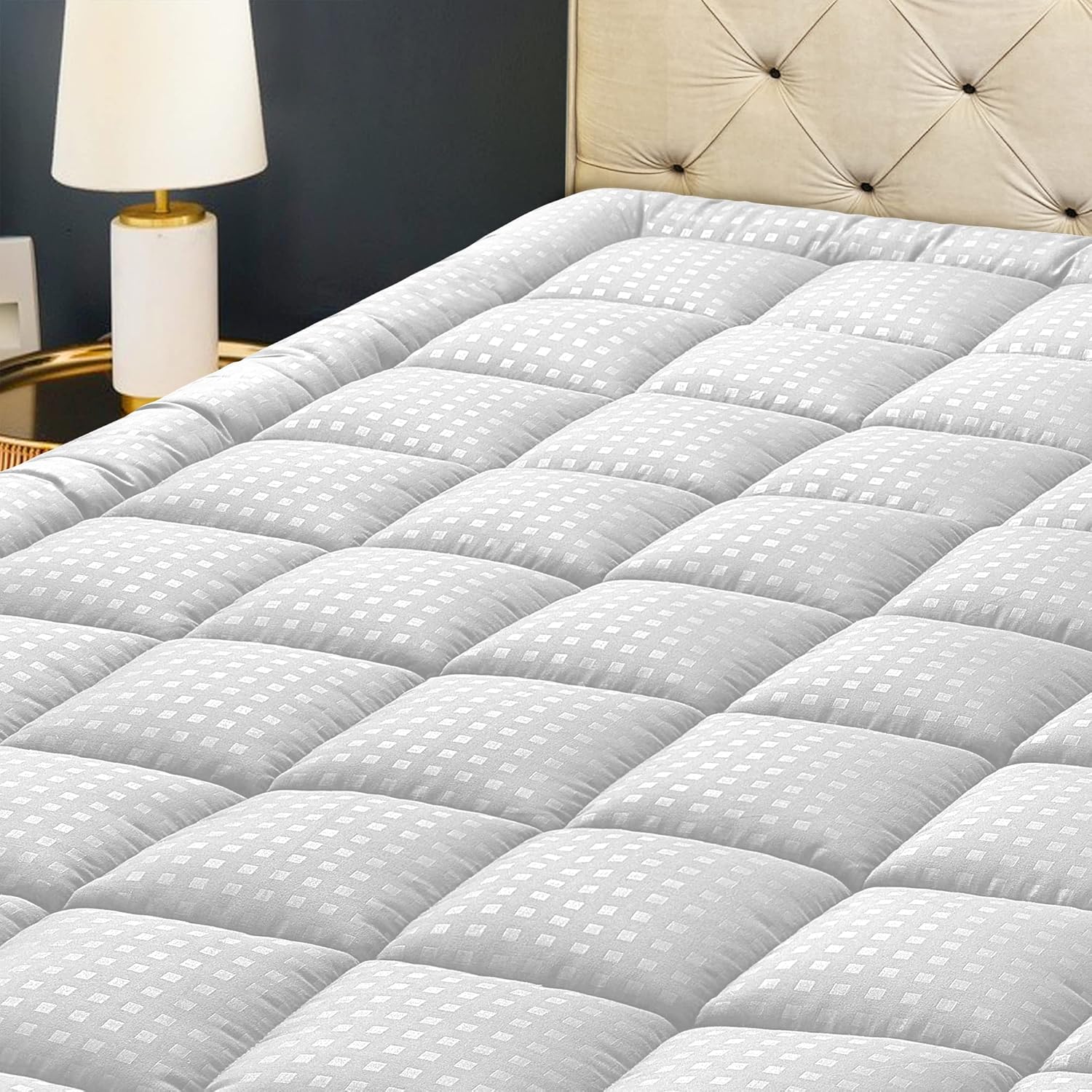 HYLEORY King Mattress Pad Quilted Fitted Mattress Protector Cooling Pillow Top Mattress Cover Breathable Fluffy Soft Mattress Topper with…