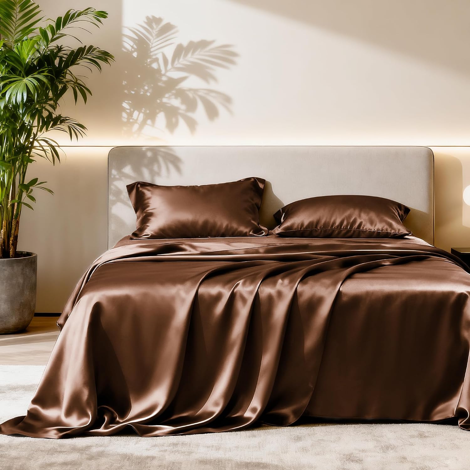 Lovescabin Love's cabin 4Piece California King Satin Bed Linen Set, Brown Silky Satin Sheets, Deep Pocket, Luxury Silk Feel, 1 Flat, 1 Fitt…