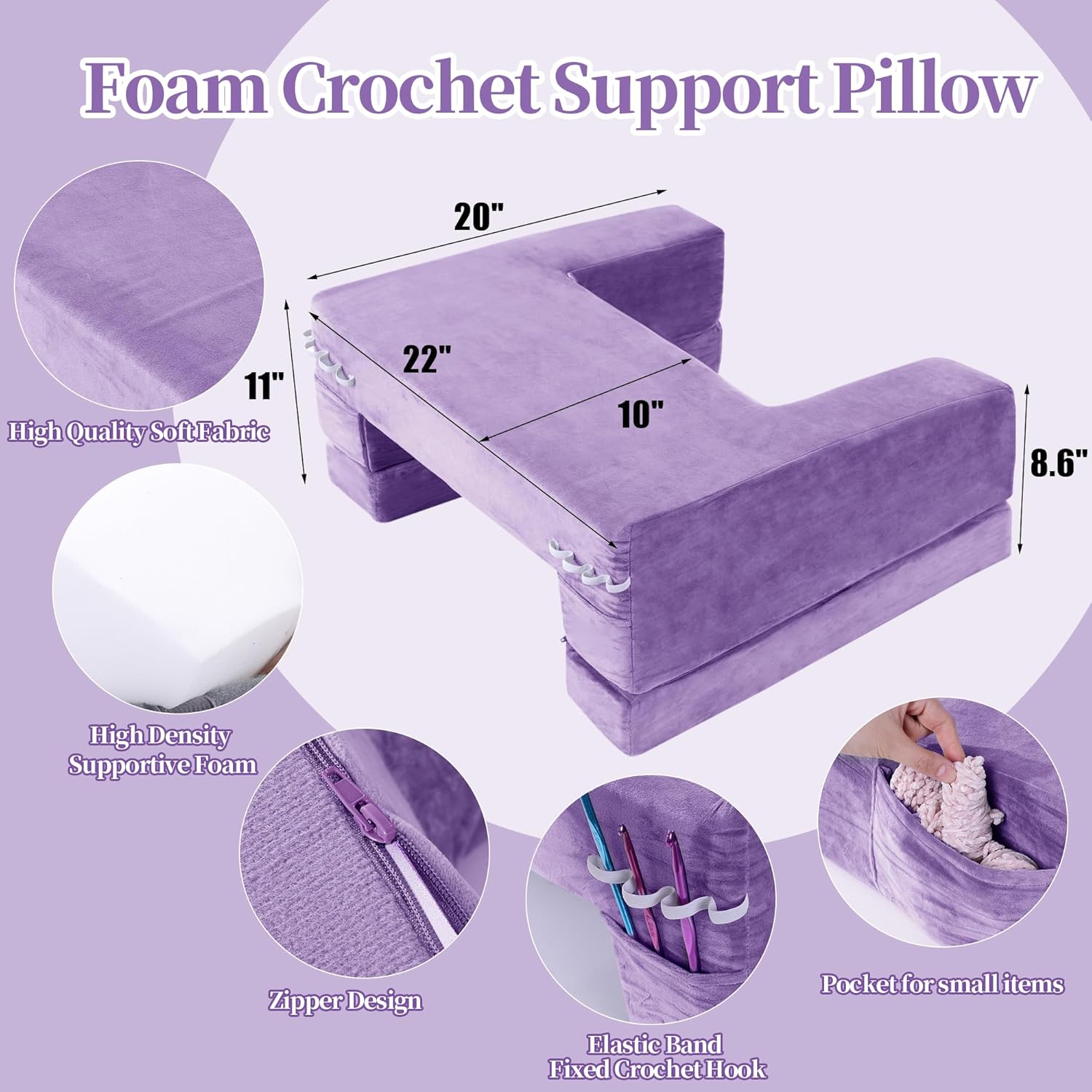 Hombys Adjustable Foam Crochet Pillow for Lap Support, Soft Velvet Reading & Gaming Pillow with Side Pocket and Elastic Band, Desk Pillow f…