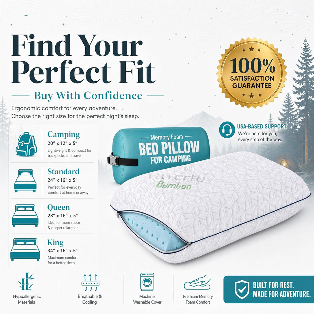 Vaverto Small Memory Foam Bed Pillow for Camping - Compressible Medium Firm, Breathable Cover, Machine Washable, Ideal Backpacking