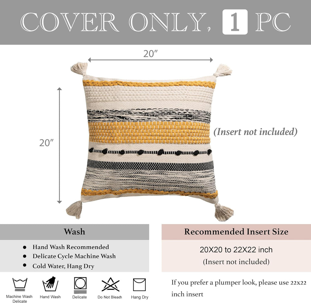 BlissBlush Yellow Mustard Decorative Throw Pillow Cover 20x20 Square Boho Accent Pillowcase Tassels Farmhouse Cushion for Couch Sofa…