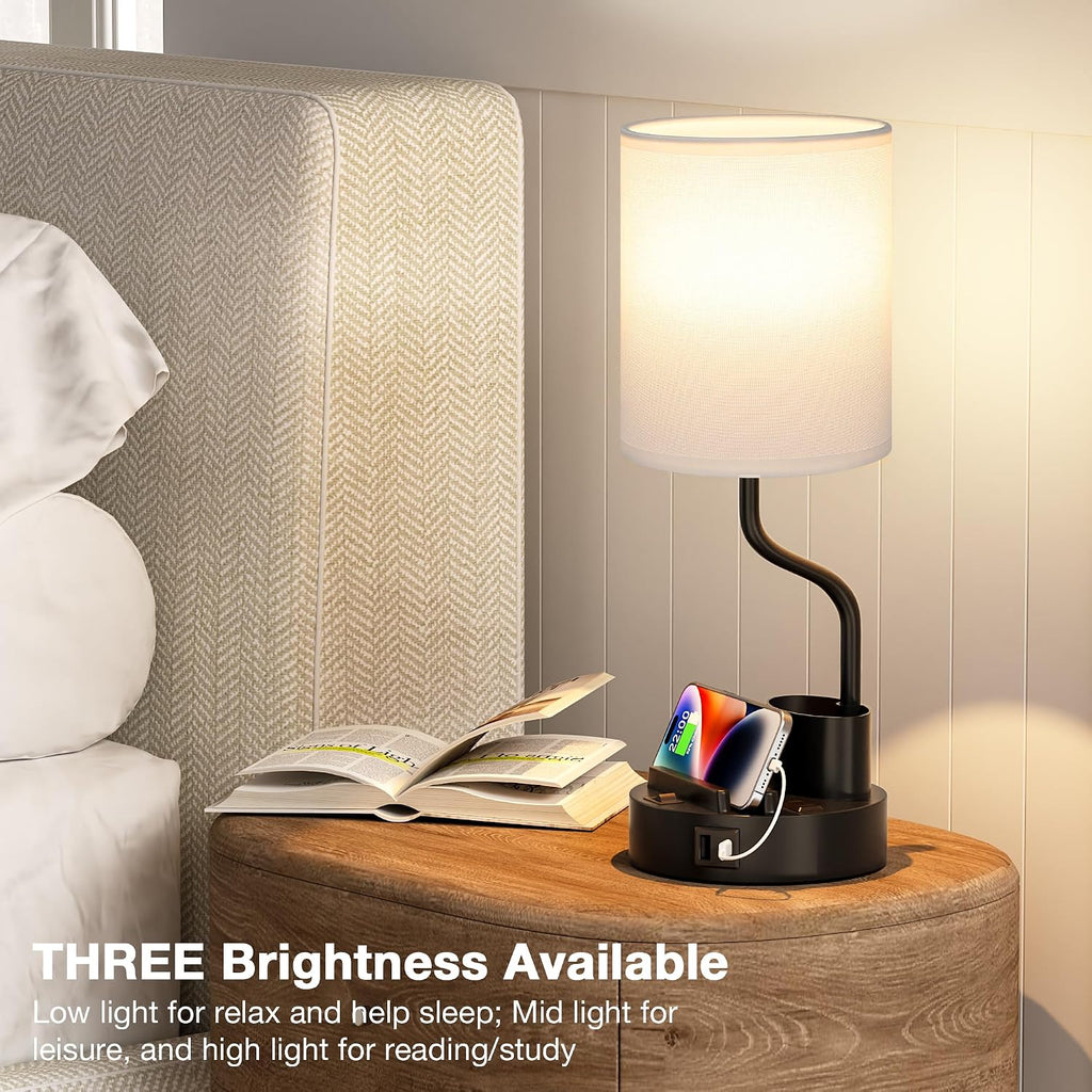White Bedside Table Lamps for Bedroom Set of 2 - Nightstand Light with AC Outlet and USB A & C for Charging, 3 Color Temperatures Desk…