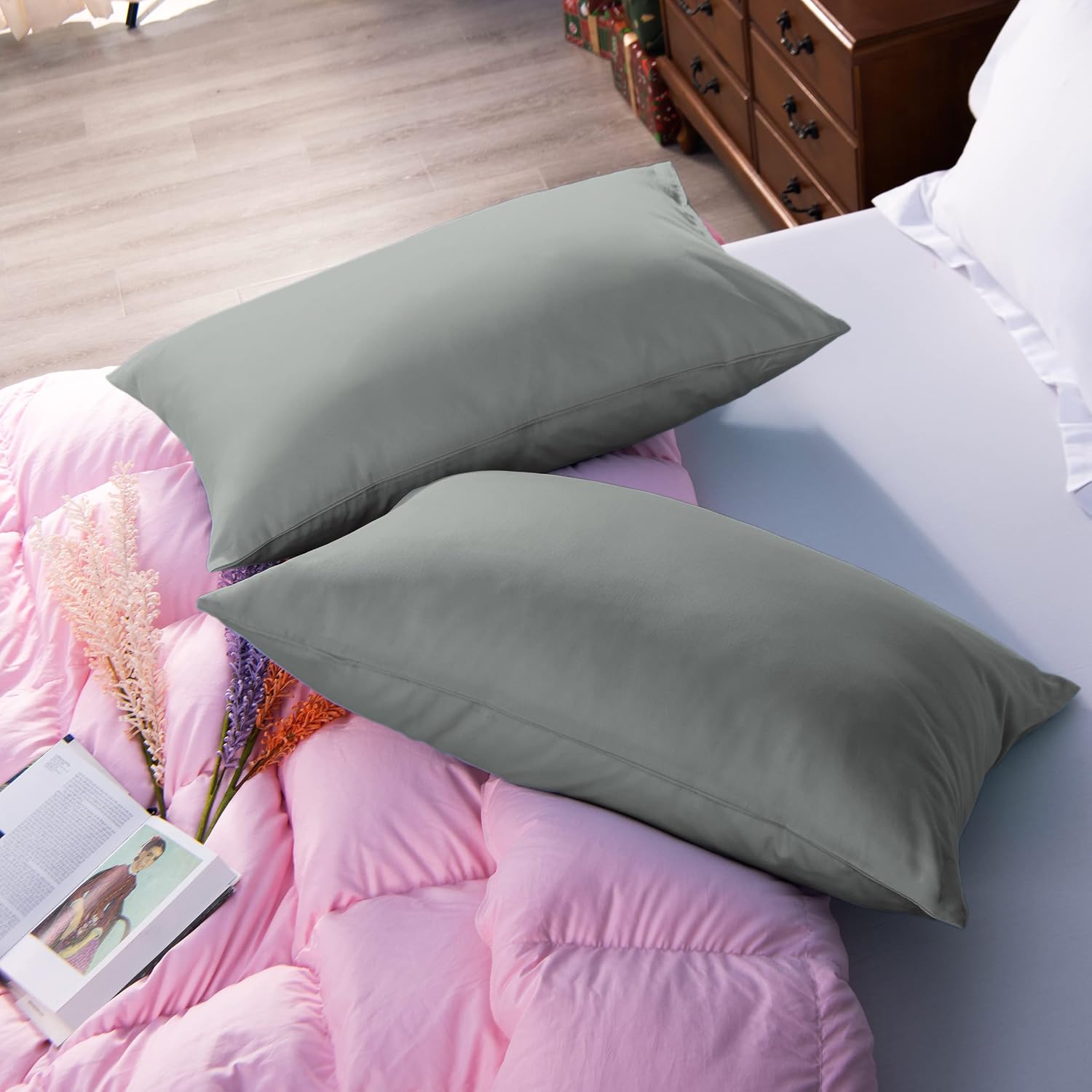 NTBAY Egyptian Cotton Queen Pillowcases - Set of 2, 500 Thread Count Cotton Pillowcases - Soft and Breathable Envelope Closure Pillow…