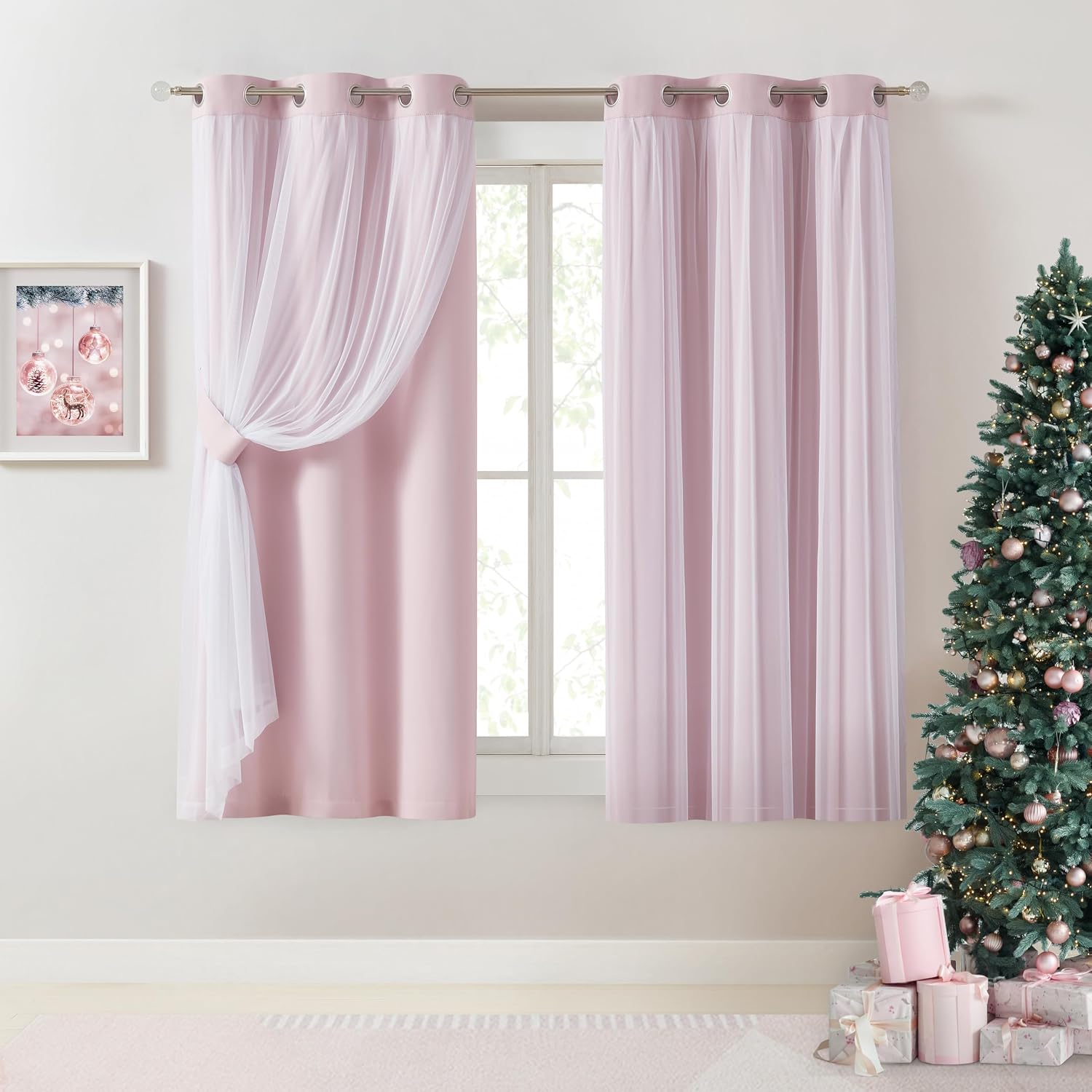Bujasso Pink Blackout Curtains with Sheer Overlay Mix and Match Double Layer 80% Room Darkening Window Treatment Set for Girls Bedroom Livi…