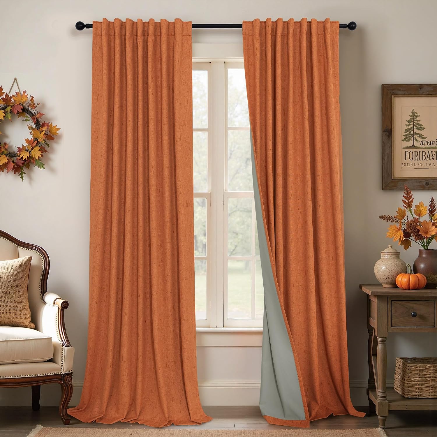 Pitalk Burnt Orange 100% Blackout Window Curtain Panels Light Blocking Linen Boho Black Out Drape for Nursery 84 Inch Long Thermal Insulate…