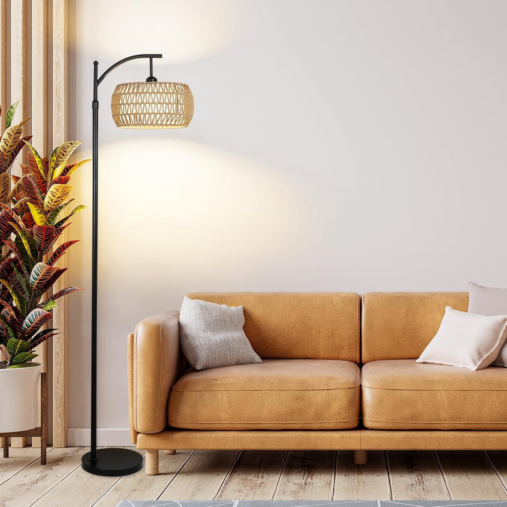 Arc Floor Lamp with Remote Control, Dimmable LED Floor Lamp with 3 Color Temperature, Black Standing Lamp with Rattan & Fabric Double…