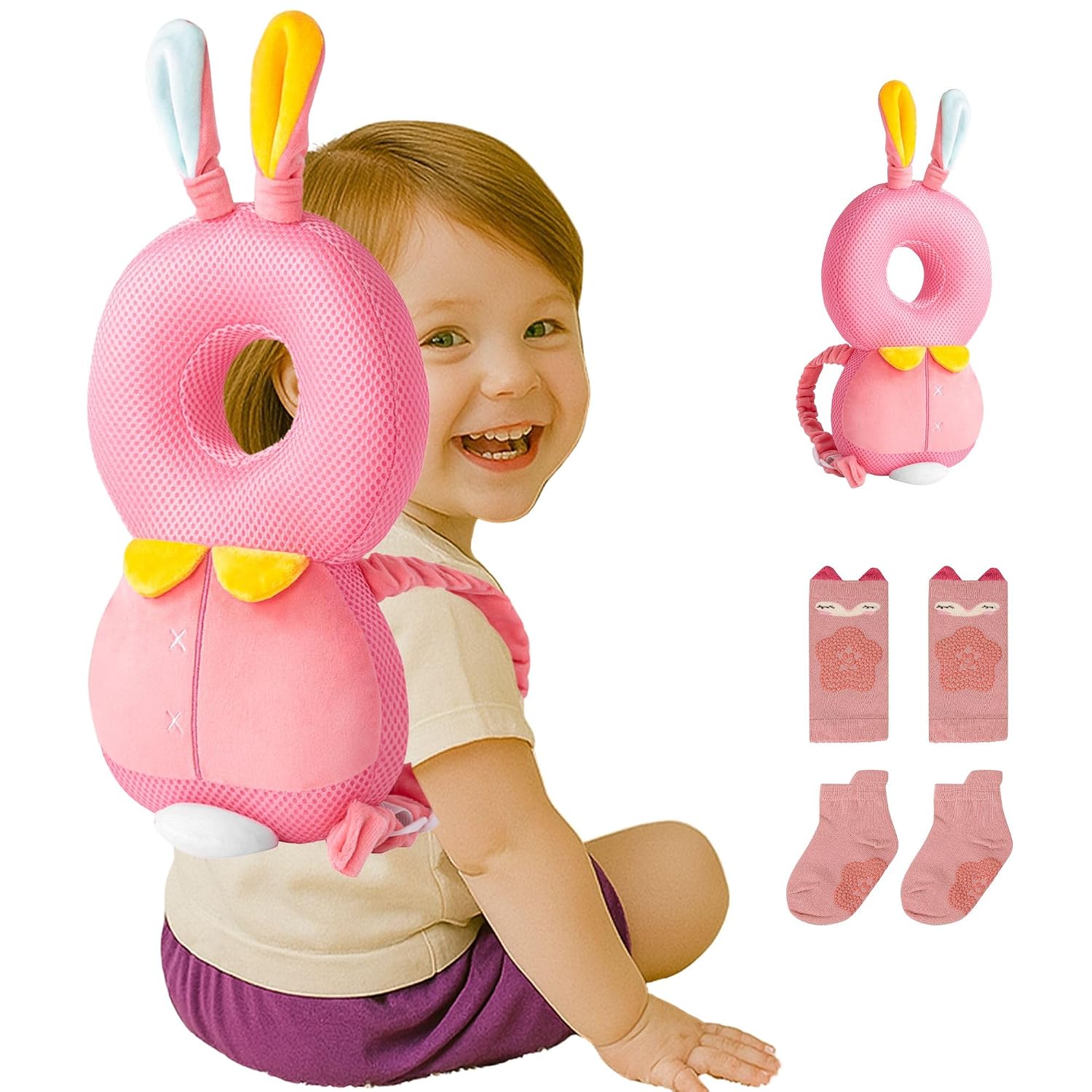 Baby Head Protector Backpack (9 to 24 Months) - Cute Head Guard Pillow with Knee Pads and Socks, Baby Shower Gift, Baby Safety Set…