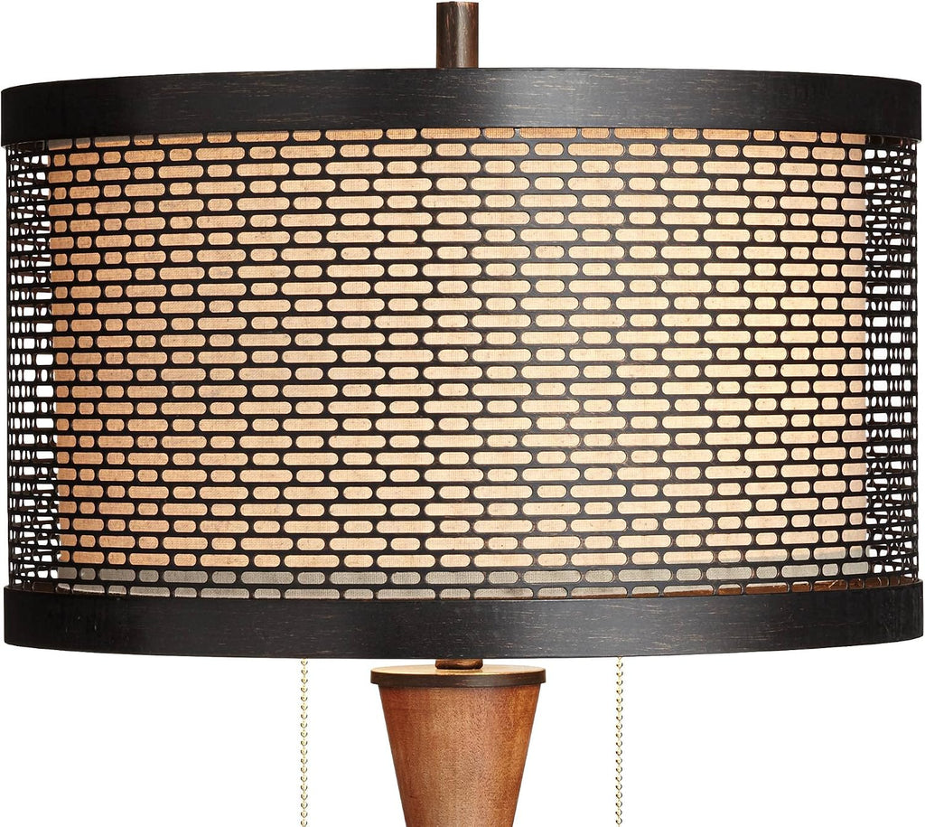 Franklin Iron Works Hunter Rustic Farmhouse Table Lamp 29 3/4" Tall Cherry Wood Bronze Metal Outer Tan Fabric Inner Drum Shade for…
