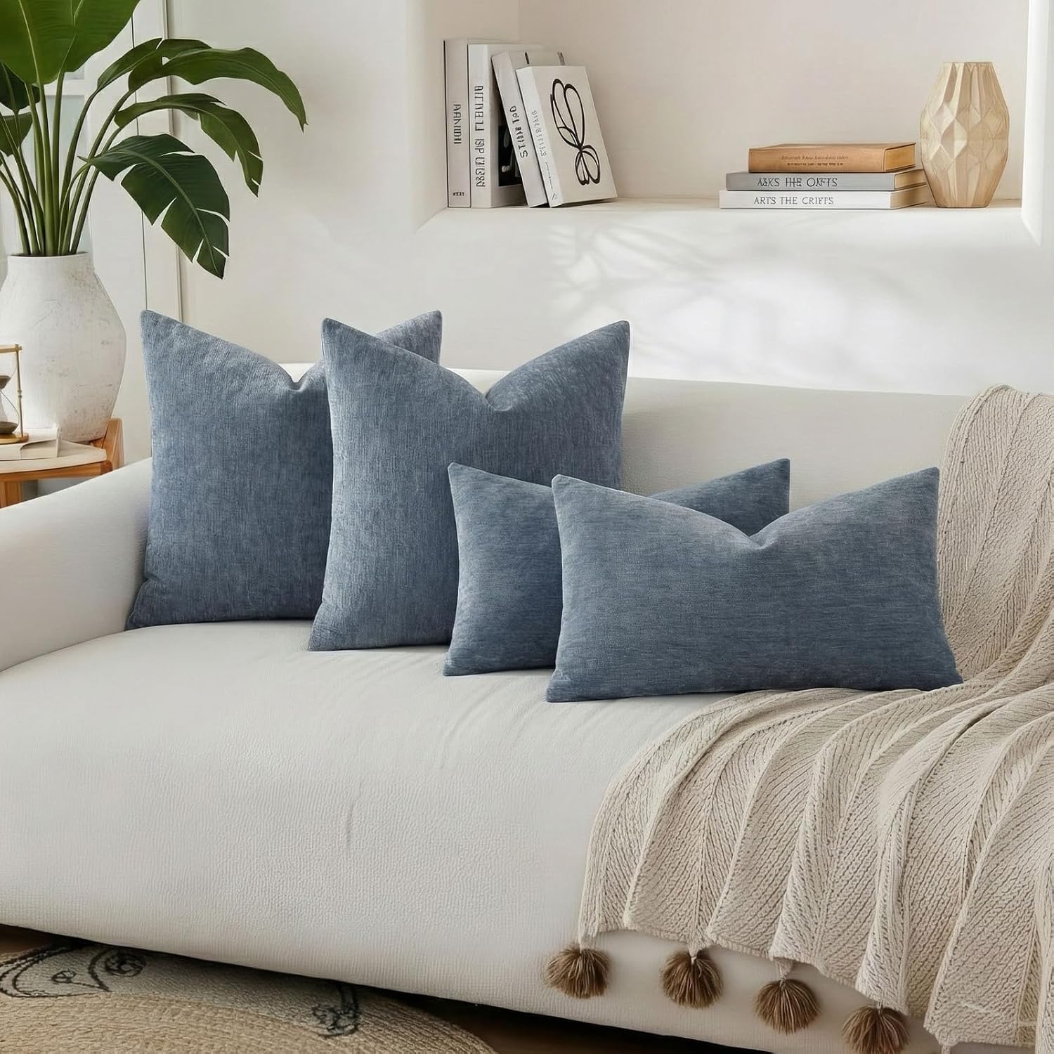 decorUhome Chenille Haze Blue Throw Pillow Covers 26x26 Inch Set of 2, Decorative Soft Couch Pillow Covers Solid Dyed Accent Velvet Farmhou…