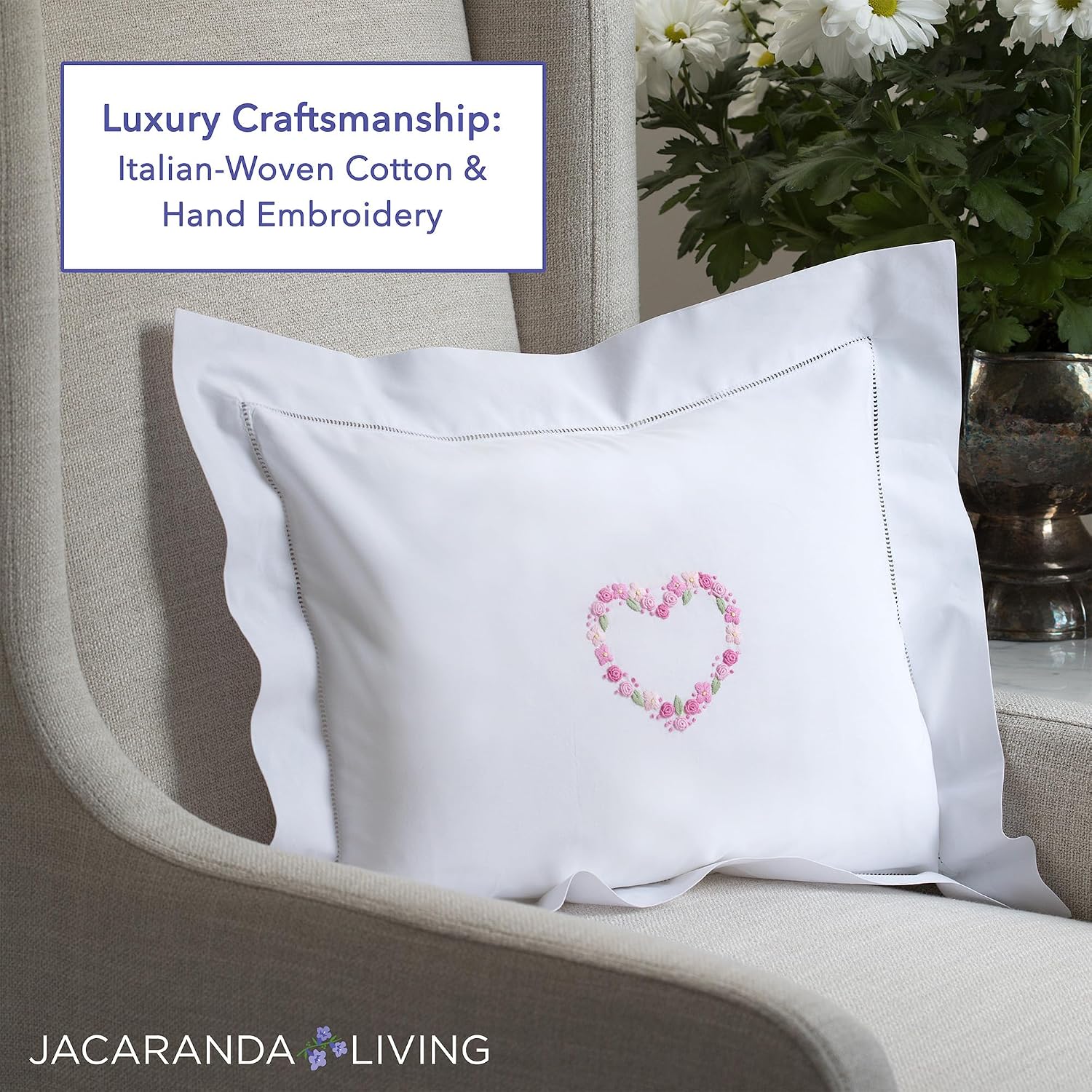 JacarandaLiving Jacaranda Living Embroidered Boudoir Pillow Cover – Handcrafted Embroidery, Fine Italian Cotton, 12" x 16" Decorative Pillo…