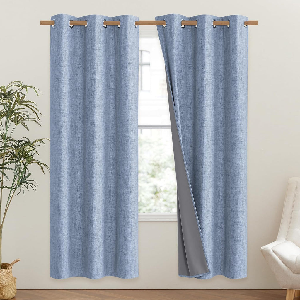 NICETOWN Stone Blue Vintage Linen 100% Blackout Curtains for Classroom, Thermal Insulated Curtains 72" Long, Noise Reducing Window…