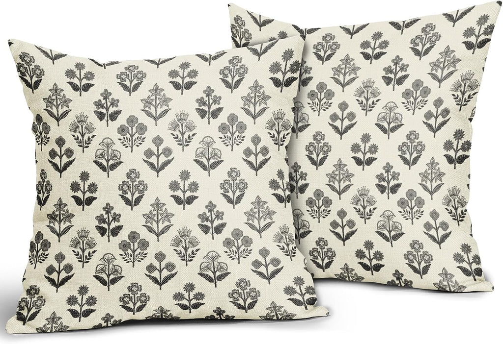 Black Grey Gray Block Print Pillow Covers 18x18 Inch Set of 2, Vintage Floral Decorative Throw Pillow Cases Boho Cushion Covers Rustic…