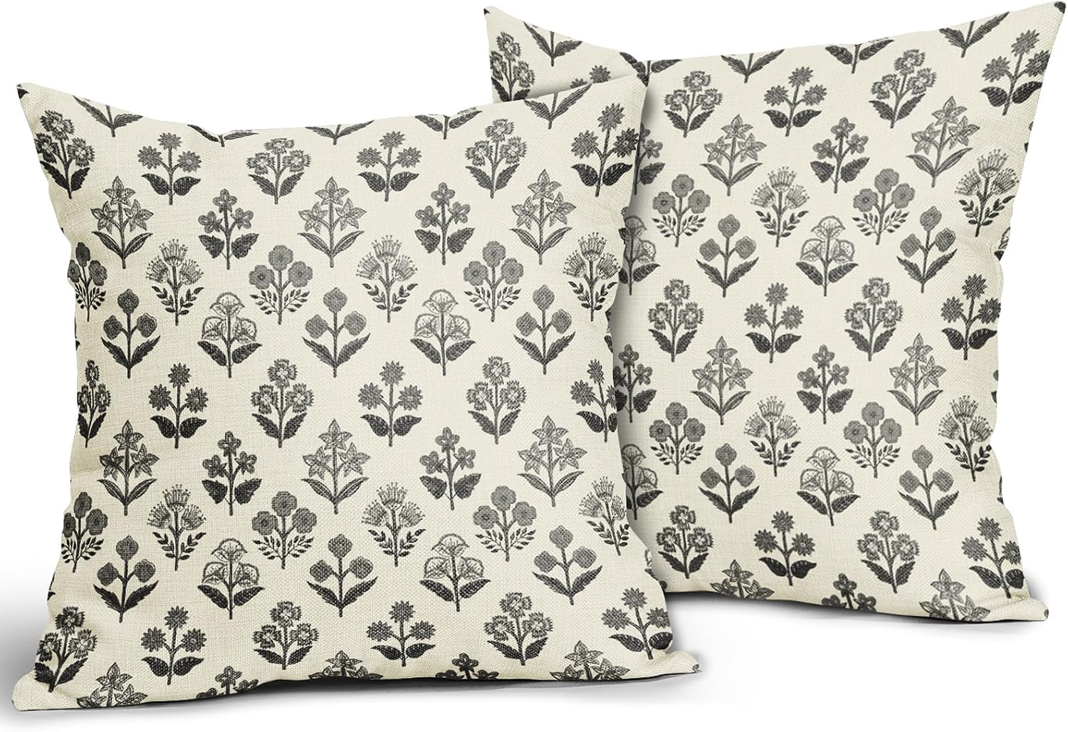Black Grey Gray Block Print Pillow Covers 20x20 Inch Set of 2, Vintage Floral Decorative Throw Pillow Cases Boho Cushion Covers Rustic…