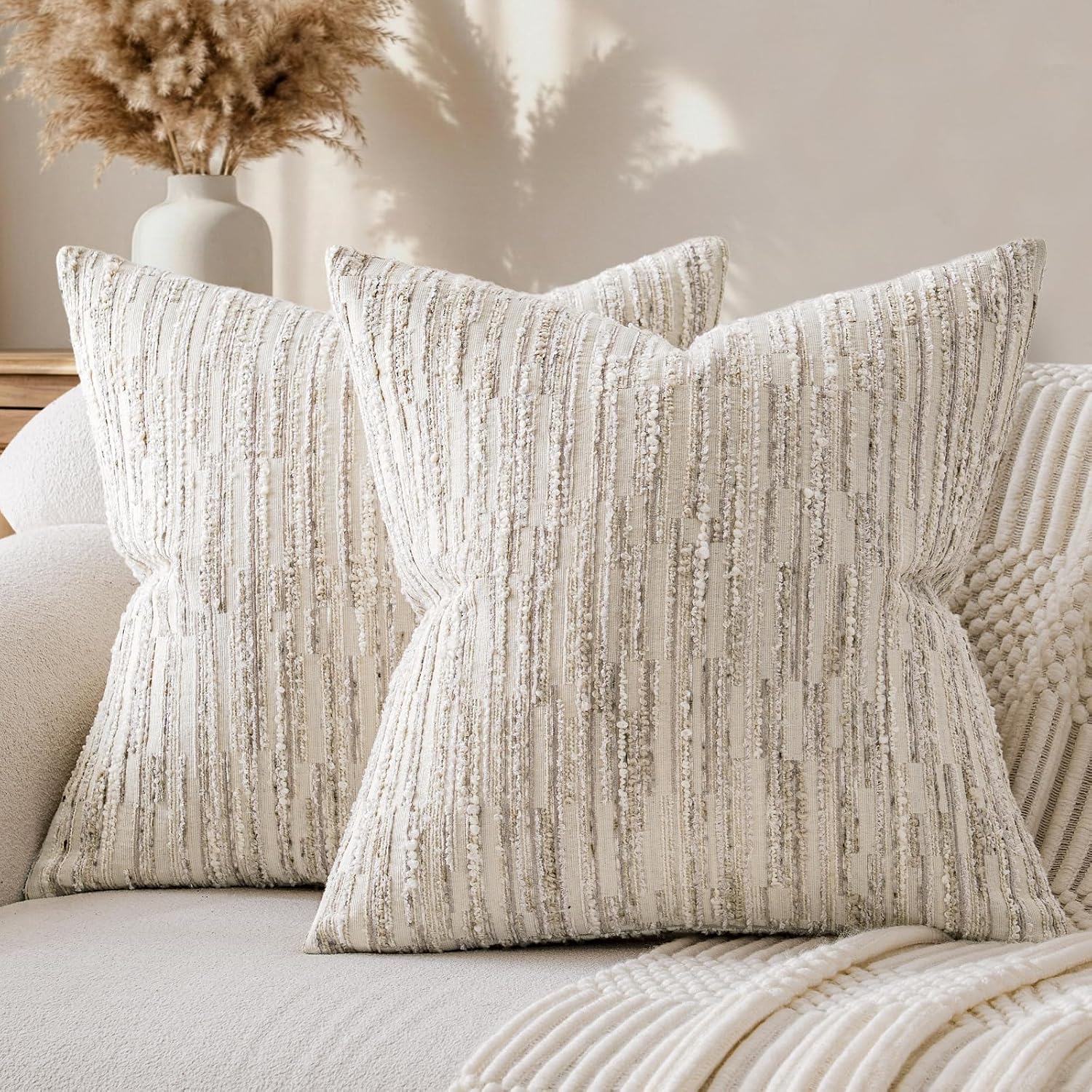 amoment a moment Boho Throw Pillow Covers Set of 2, Striped Decorative Rustic Farmhouse Pillow Cases, Aesthetic Modern Home Decor Couch Cushi…