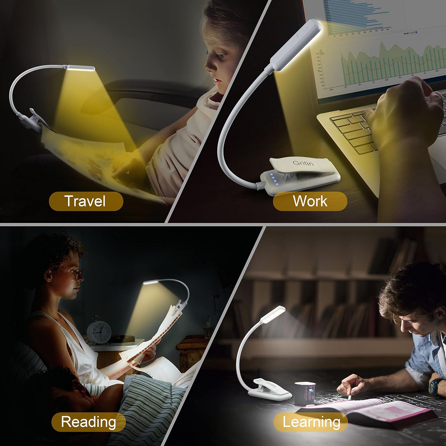 Gritin 9 LED Rechargeable Book Light for Reading in Bed -Eye Caring 3 Color Temperatures, Stepless Dimming Brightness,80 Hrs Runtime Small…