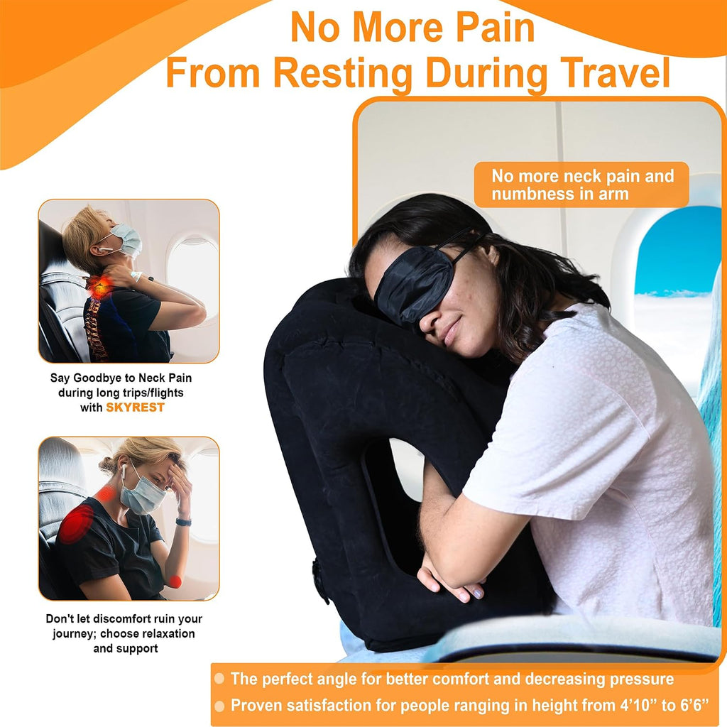Inflatable Travel Pillow - Airplane Pillow for Neck Support on Long Flights, Buses, Cars, Office & Trains - Comes with Eye Mask, Earplugs…