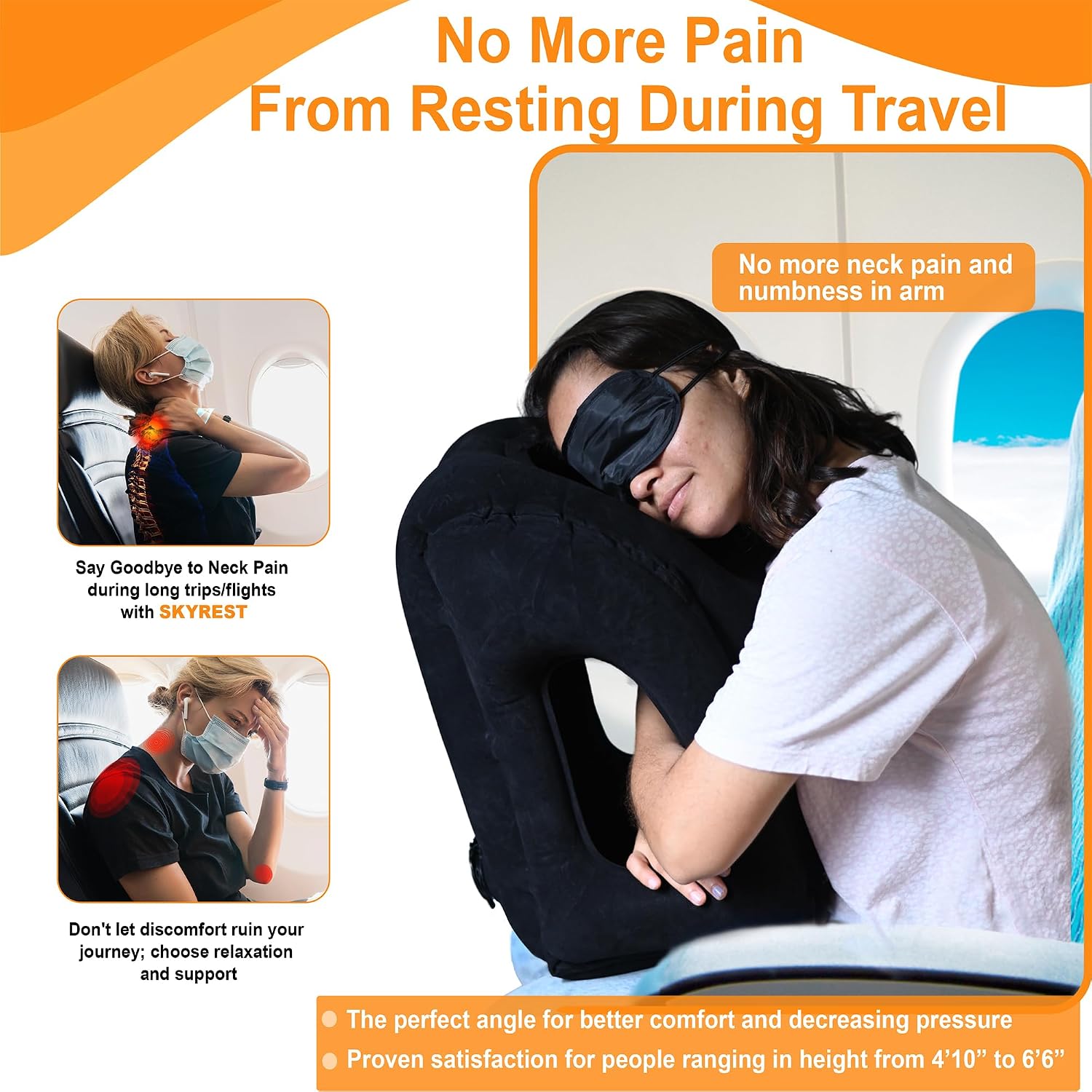 Inflatable Travel Pillow - Airplane Pillow for Neck Support on Long Flights, Buses, Cars, Office & Trains - Comes with Eye Mask, Earplugs…