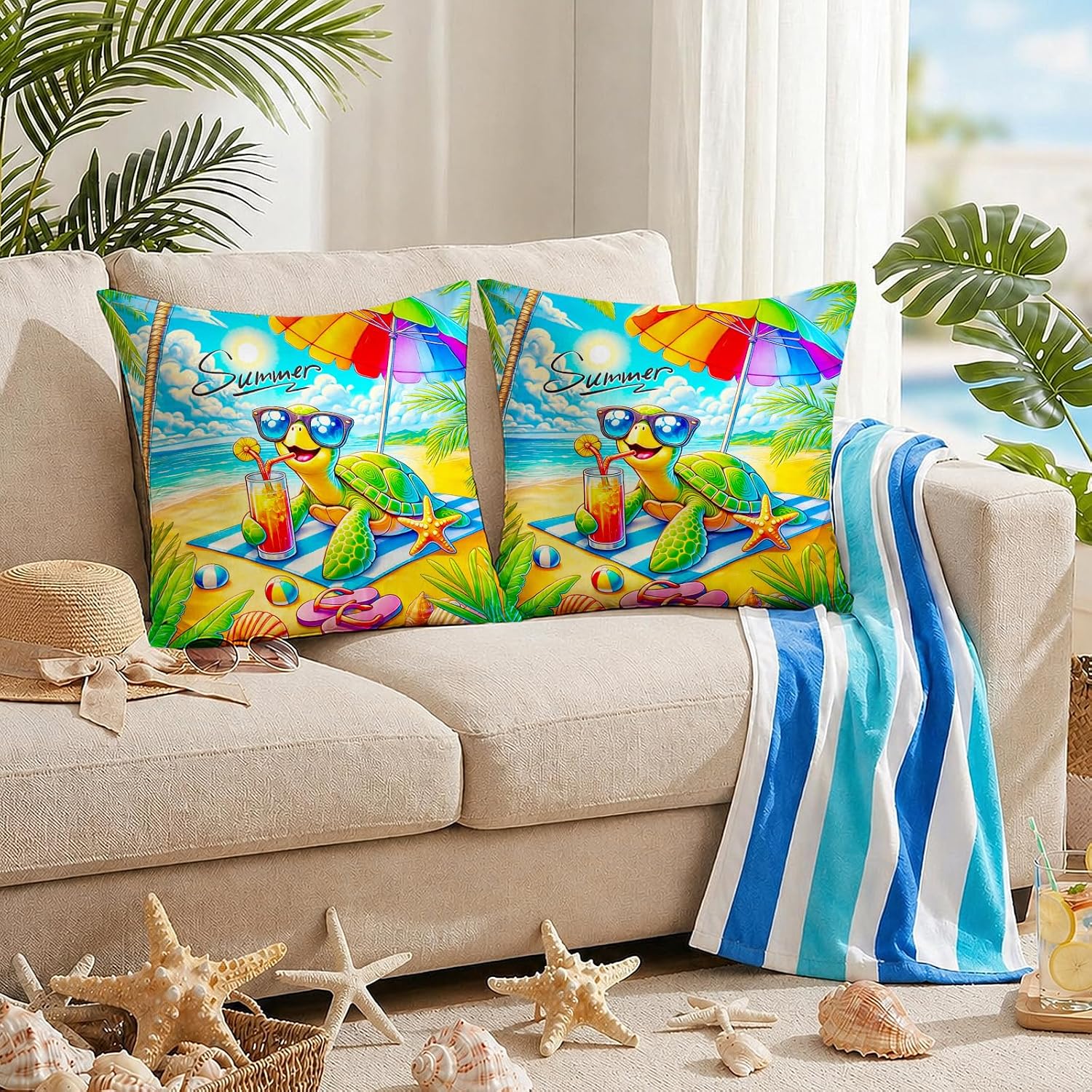 BlissYard Summer Beach Throw Pillow Covers Set of 18x18 Decorative Pillow Covers Cute Sea Turtle Ocean Theme Cushion Covers for Couch…