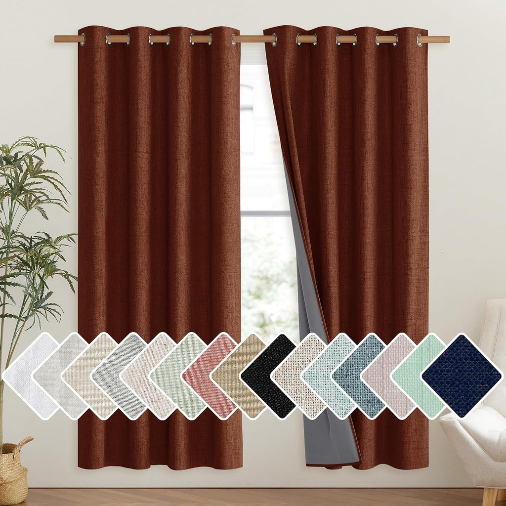 NICETOWN 100% Absolutely Blackout Linen Curtains with Thermal Insulated Liner, 52" Wide, 2 Panels, 72" Long Drapes, Grommet Retro Burnt…