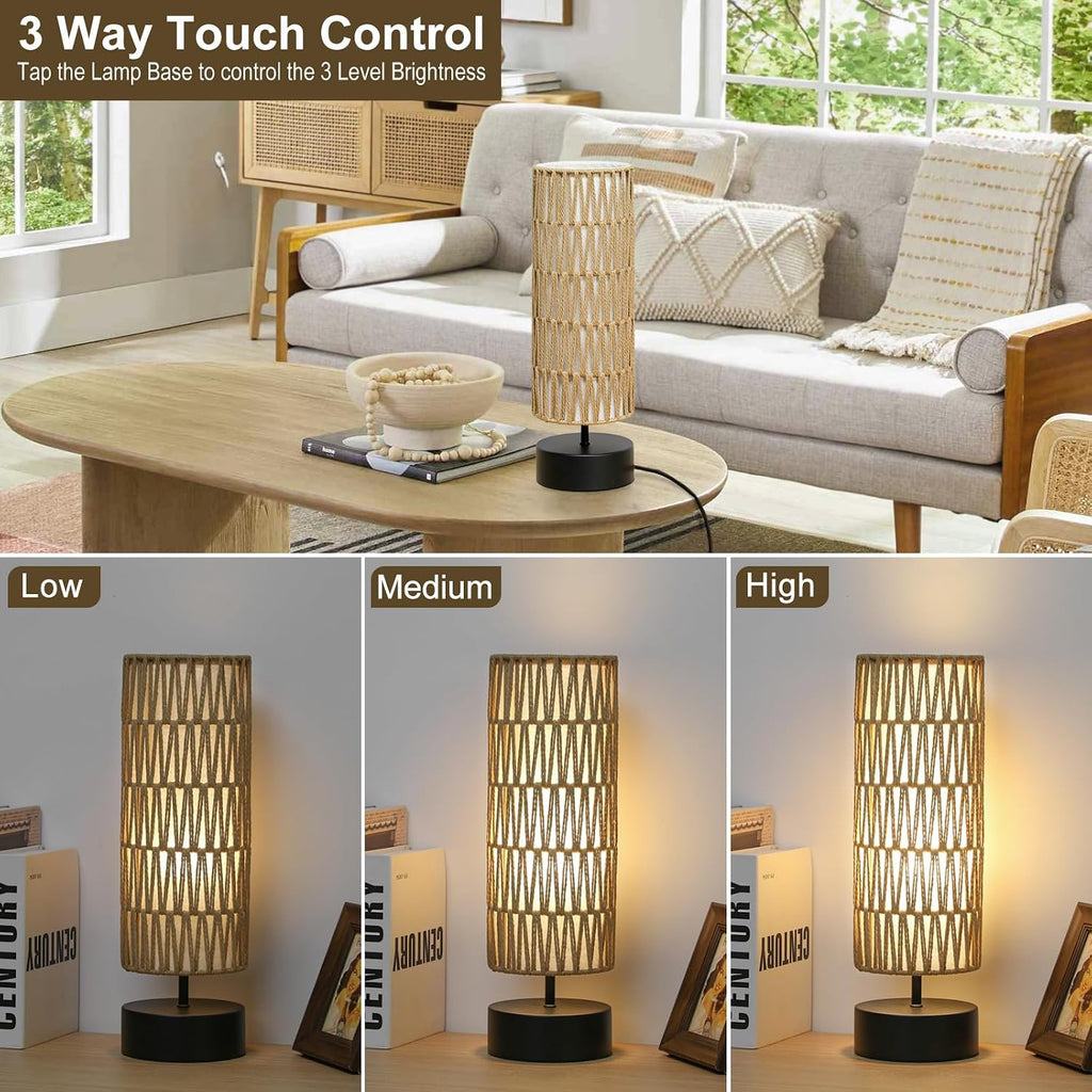 Rattan Table Lamp, Touch Control Bedside Table Lamp with Black Base, 3 Way Dimmable Nightstand Lamp with Dual-layer Shade, Boho Night…