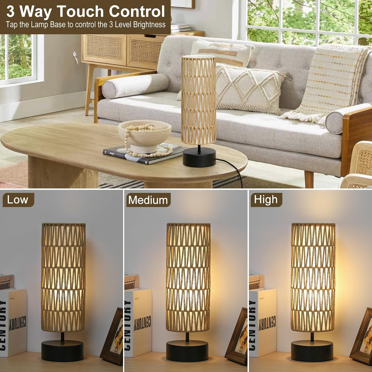 Rattan Table Lamp, Touch Control Bedside Table Lamp with Black Base, 3 Way Dimmable Nightstand Lamp with Dual-layer Shade, Boho Night…