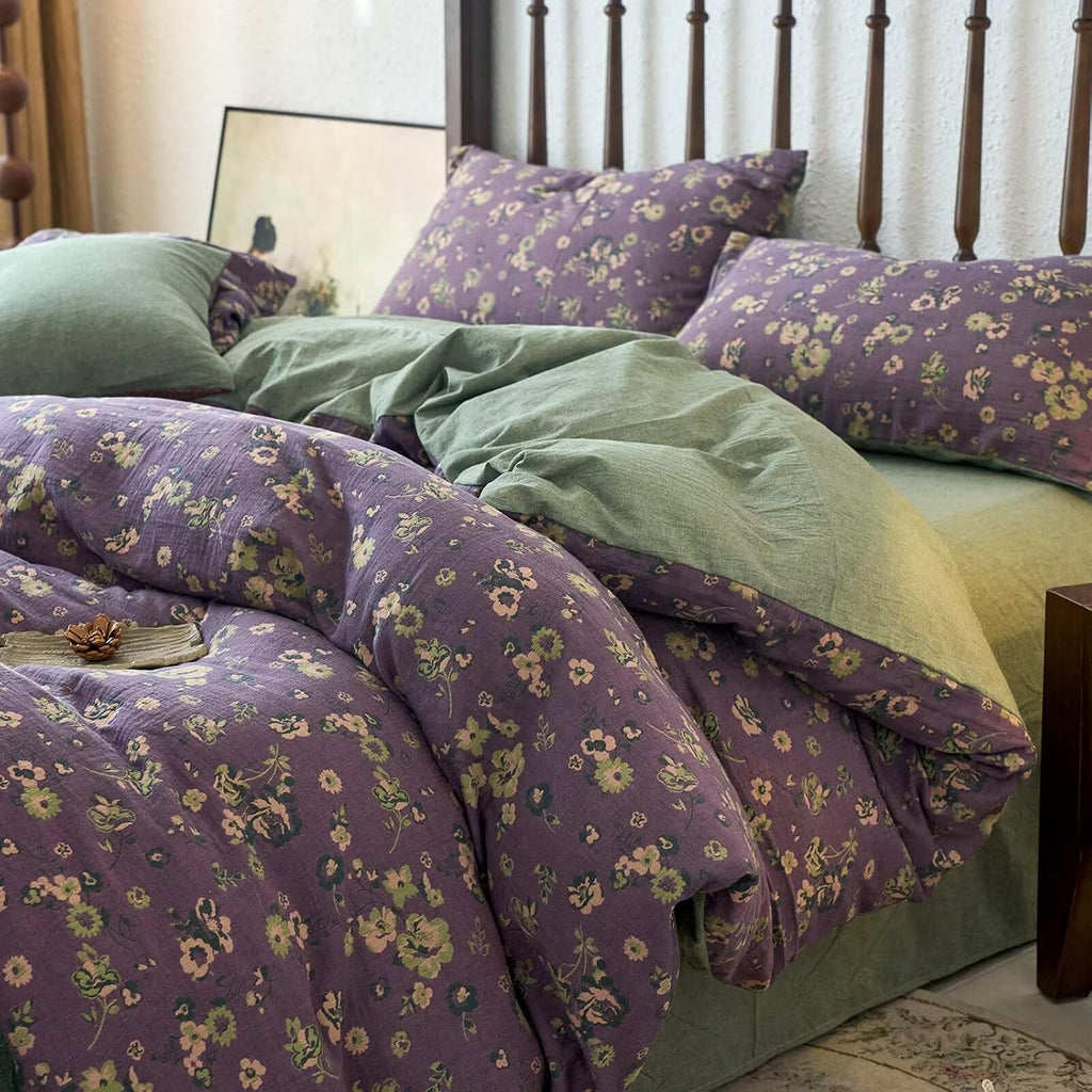 mixinni Vintage Floral Duvet Cover Queen Set - Purple & Green Reversible Jacquard, 100% Yarn-Dyed Double-Layer Cotton, Breathable Luxury Be…