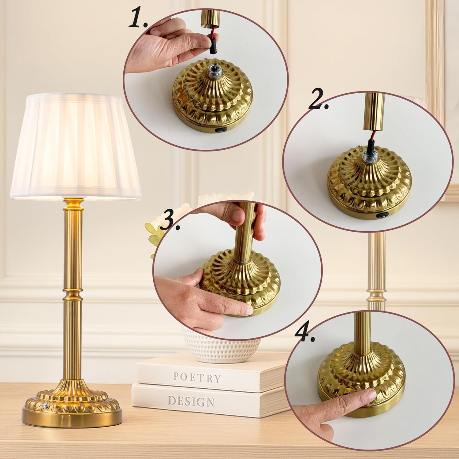 Cordless Table Lamp with Touch Control, Small LED Bedside Lamp with Pleated Shade, 3 Brightness Levels Nightstand Lamp for Bedroom…
