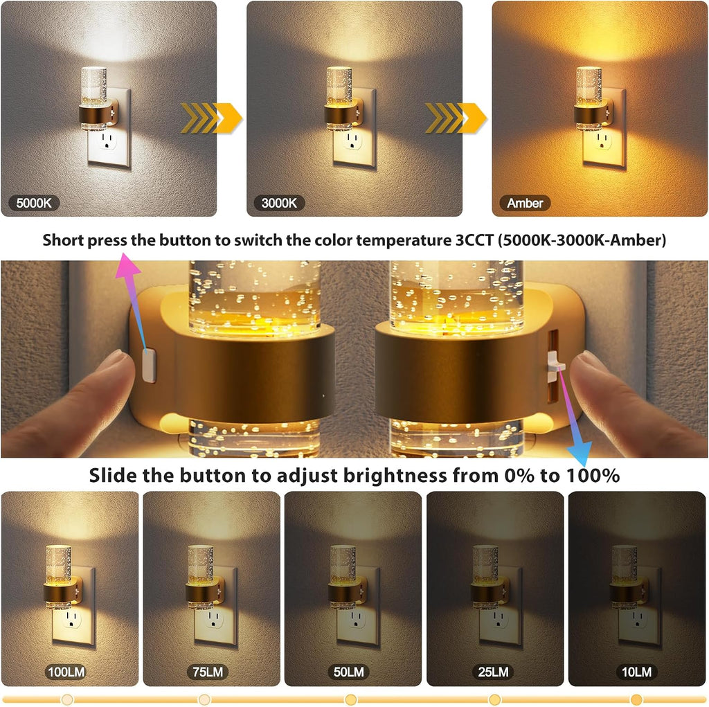 JandCase Night Lights Plug into Wall, Gold Night Light with 3 Colors, 2 Pack Dimmable Plug in Nightlight, Dusk to Dawn Sensor, Adjustable…