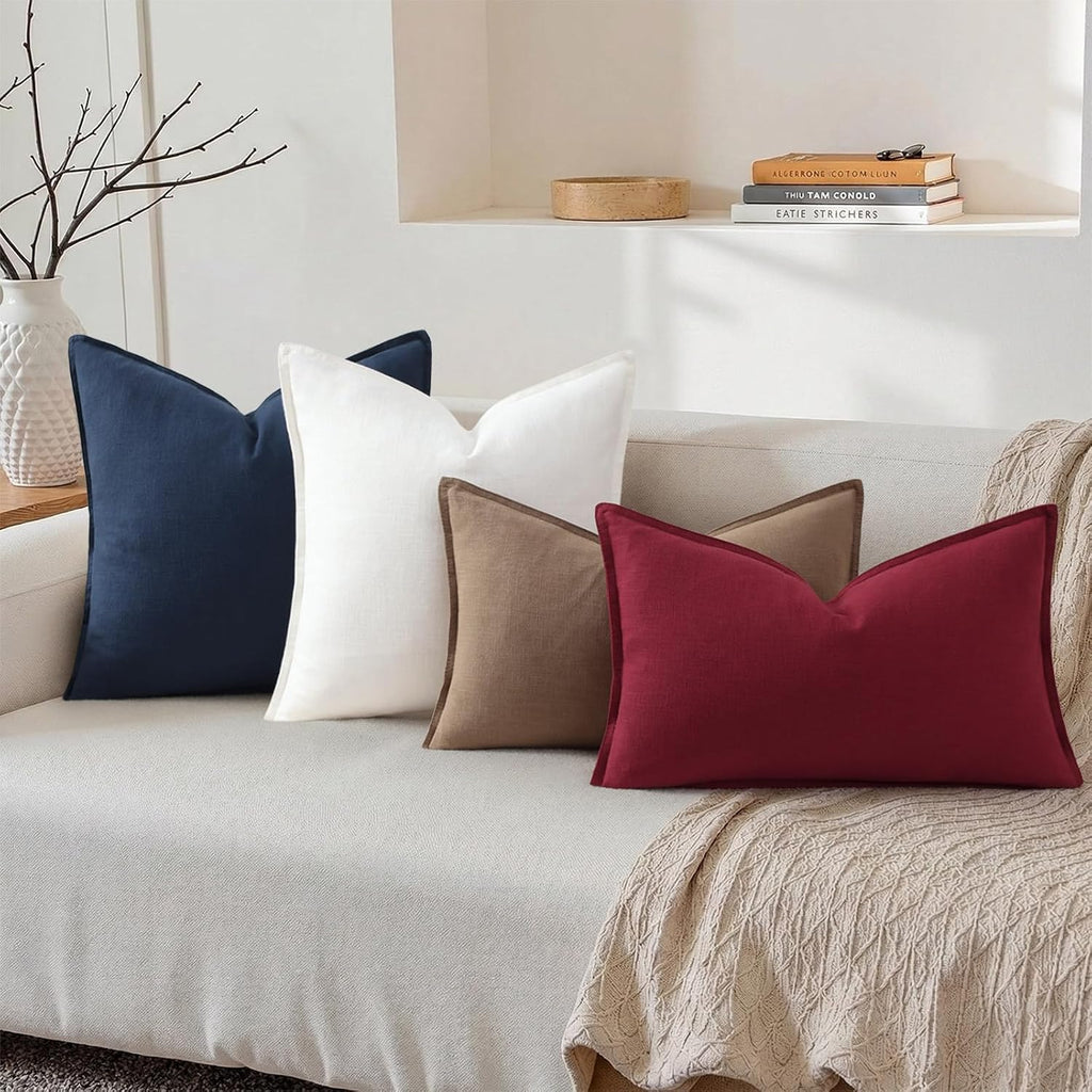 decorUhome Summer Decorative Linen Throw Pillow Covers 12x20 Inch Set of 2 Light Brown Lumbar Pillow Covers with Flange Edges Soft Farmhous…