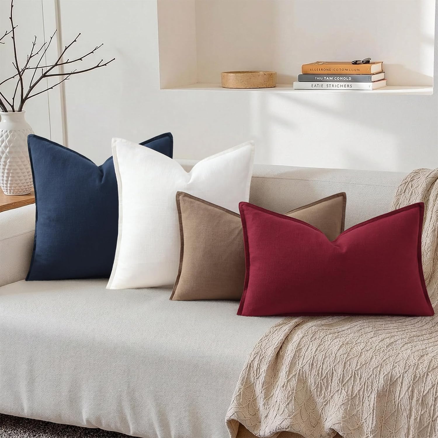 decorUhome Summer Decorative Linen Throw Pillow Covers 12x20 Inch Set of 2 Light Brown Lumbar Pillow Covers with Flange Edges Soft Farmhous…