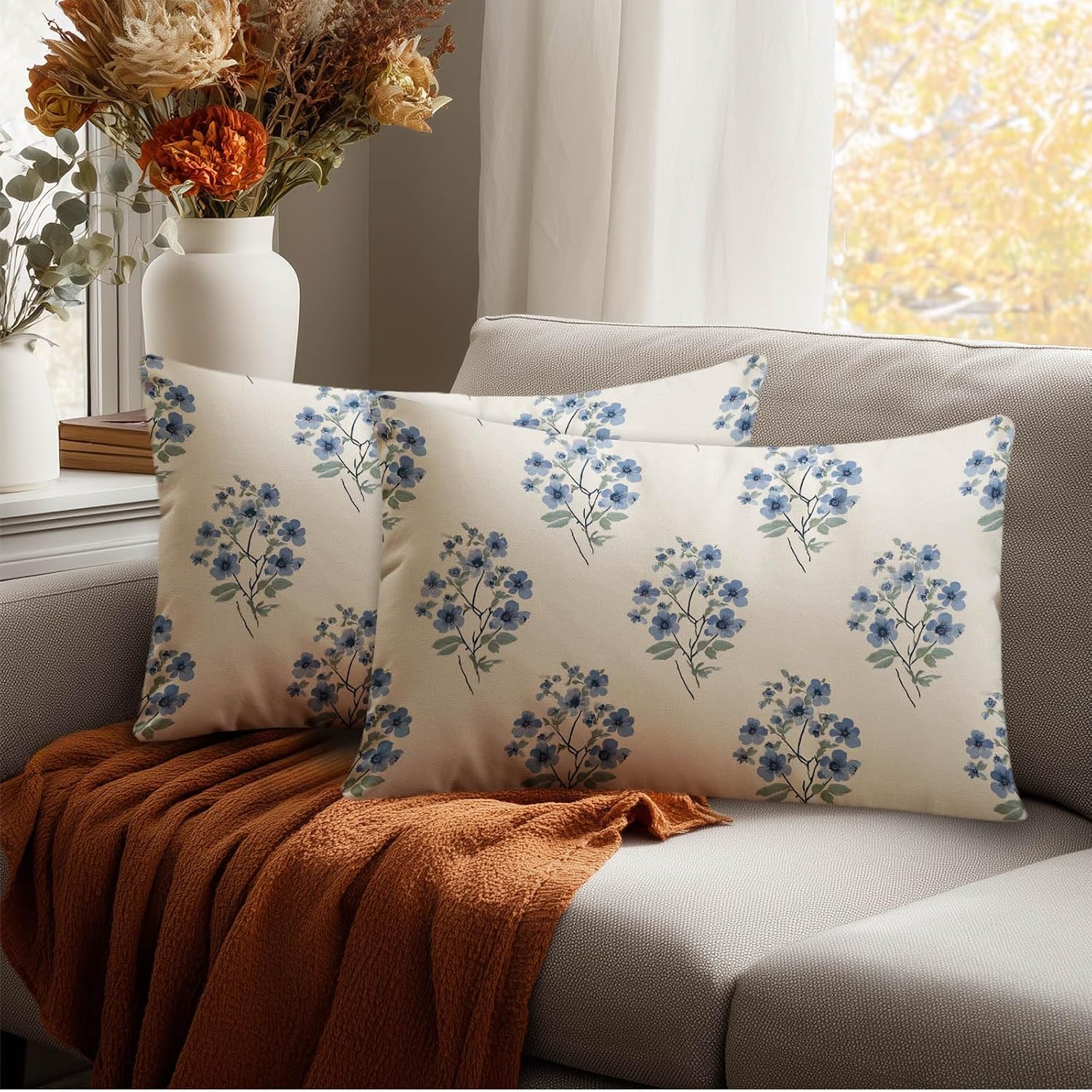 HOMETITUTE Blue Floral Pillow Covers Decorative Pack of 2 Satin 12x20 Inch Vintage Botanical Flower Art Lumbar Throw Pillow Cases for…
