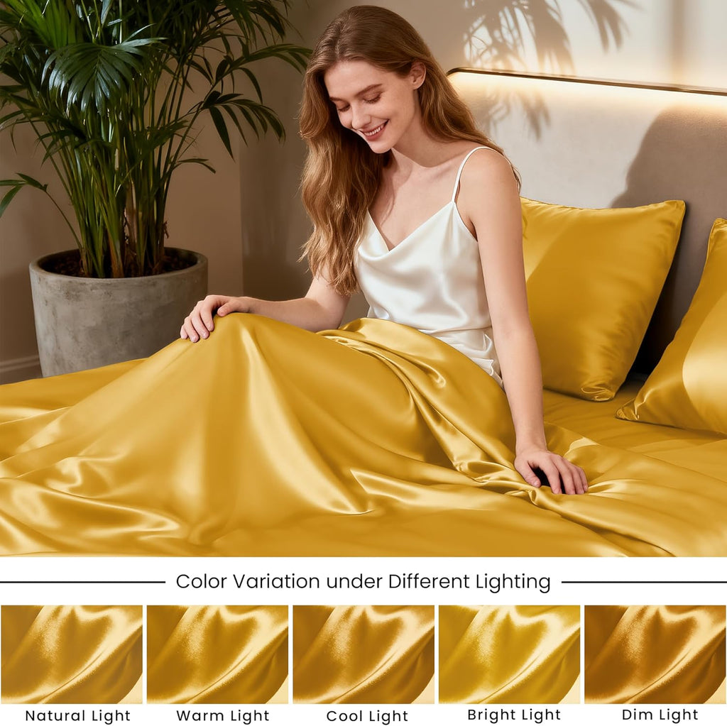 Lovescabin Love's cabin 4Piece California King Satin Bed Linen Set, Gold Silky Satin Sheets, Deep Pocket, Luxury Silk Feel, 1 Flat, 1 Fitte…