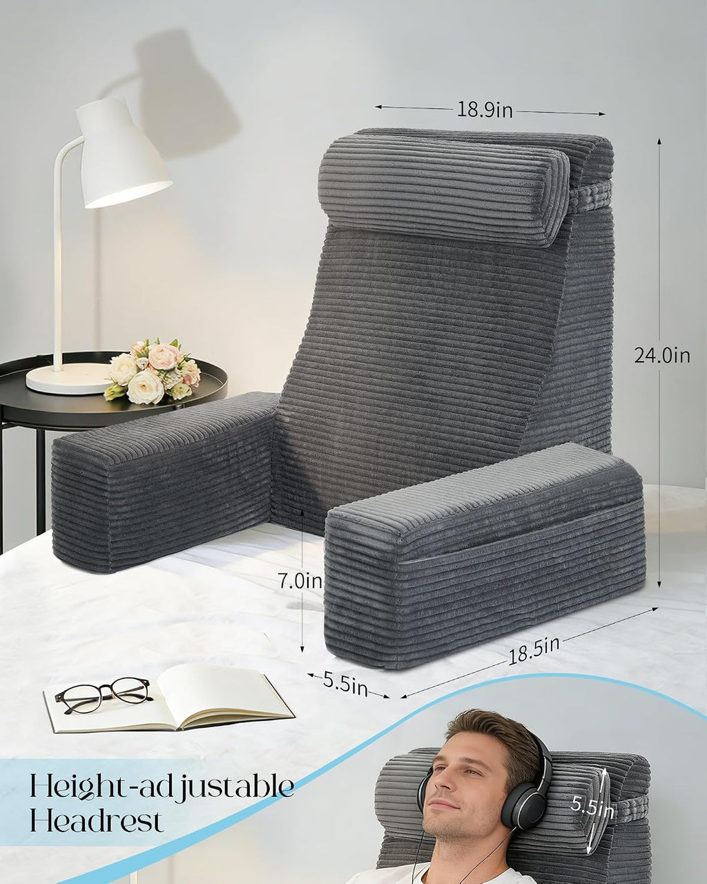 Seniny Reading Pillow for Bed Adult - 24" Back Support Pillow for Sitting Up Rest, Husband Bed Chair and Backrest Pillow with Arms, Lounge…