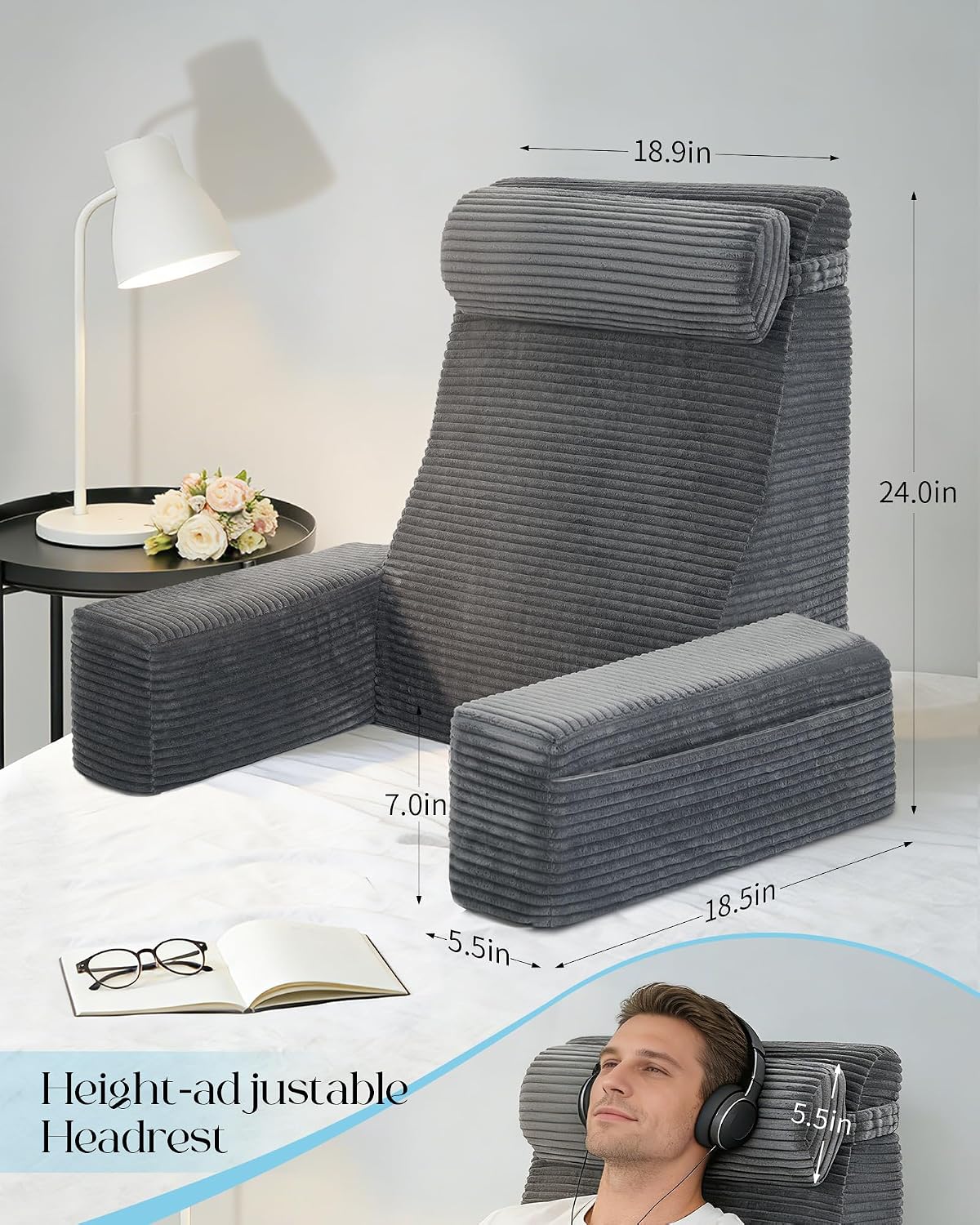 Seniny Reading Pillow for Bed Adult - 24" Back Support Pillow for Sitting Up Rest, Husband Bed Chair and Backrest Pillow with Arms, Lounge…