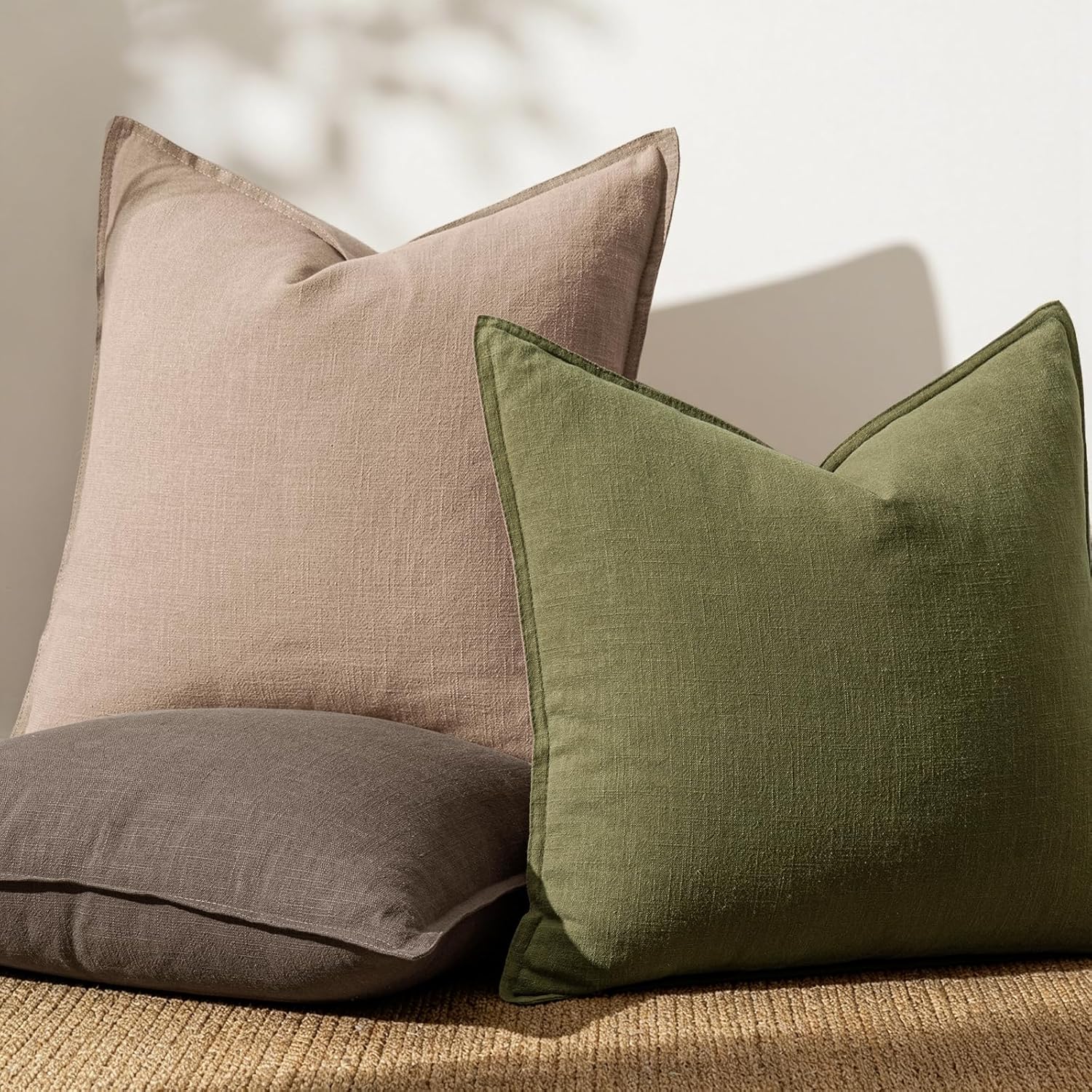 Anroduo Pack of 2 Decorative Linen Pillow Covers Green Neutral Farmhouse Boho Soild Cushion Case Soft Accent Pillowcase for Couch Sofa Bedr…