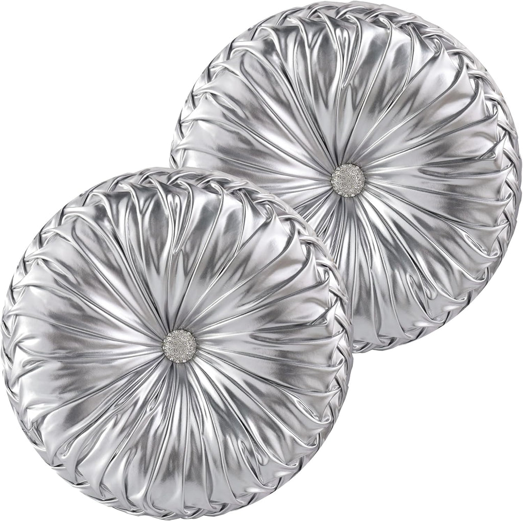 HIG Set of 2 Handcrafted Silver Ruched Round Throw Pillows – 14.5’’ Metallic Leather Decorative Pillows with Soft Polyester Filling for…