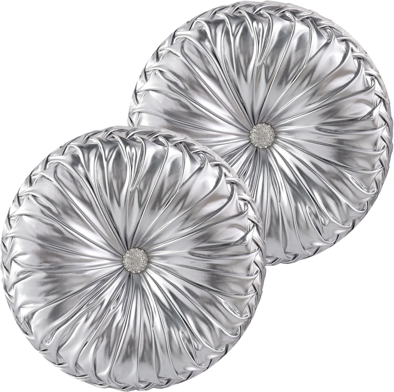 HIG Set of 2 Handcrafted Silver Ruched Round Throw Pillows – 14.5’’ Metallic Leather Decorative Pillows with Soft Polyester Filling for…