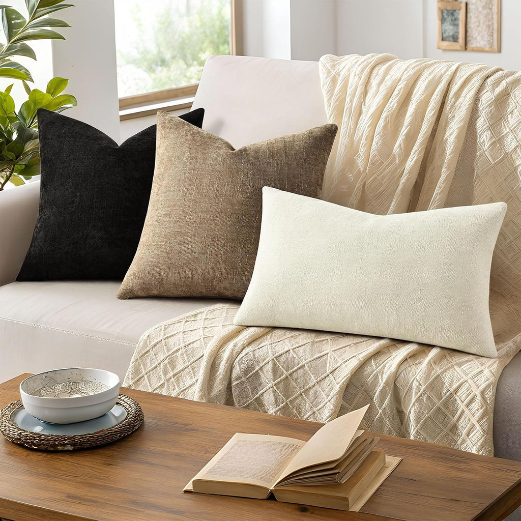 decorUhome Chenille Throw Pillow Covers 18x18 Set of 2, Square Decorative Pillow Covers with Zipper for Couch, Sofa, Living Room, Black