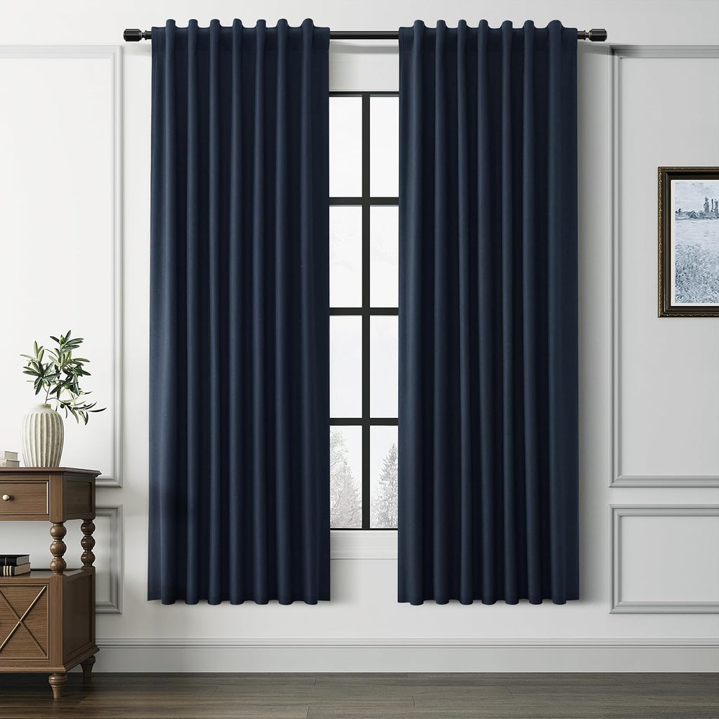 Guken Navy Blue 100% Room Darkening Linen Curtains for Bedroom 72 Inches Long 2 Panel Sets Elegant Textured Back Tab Hook Belt 100% Blackou…