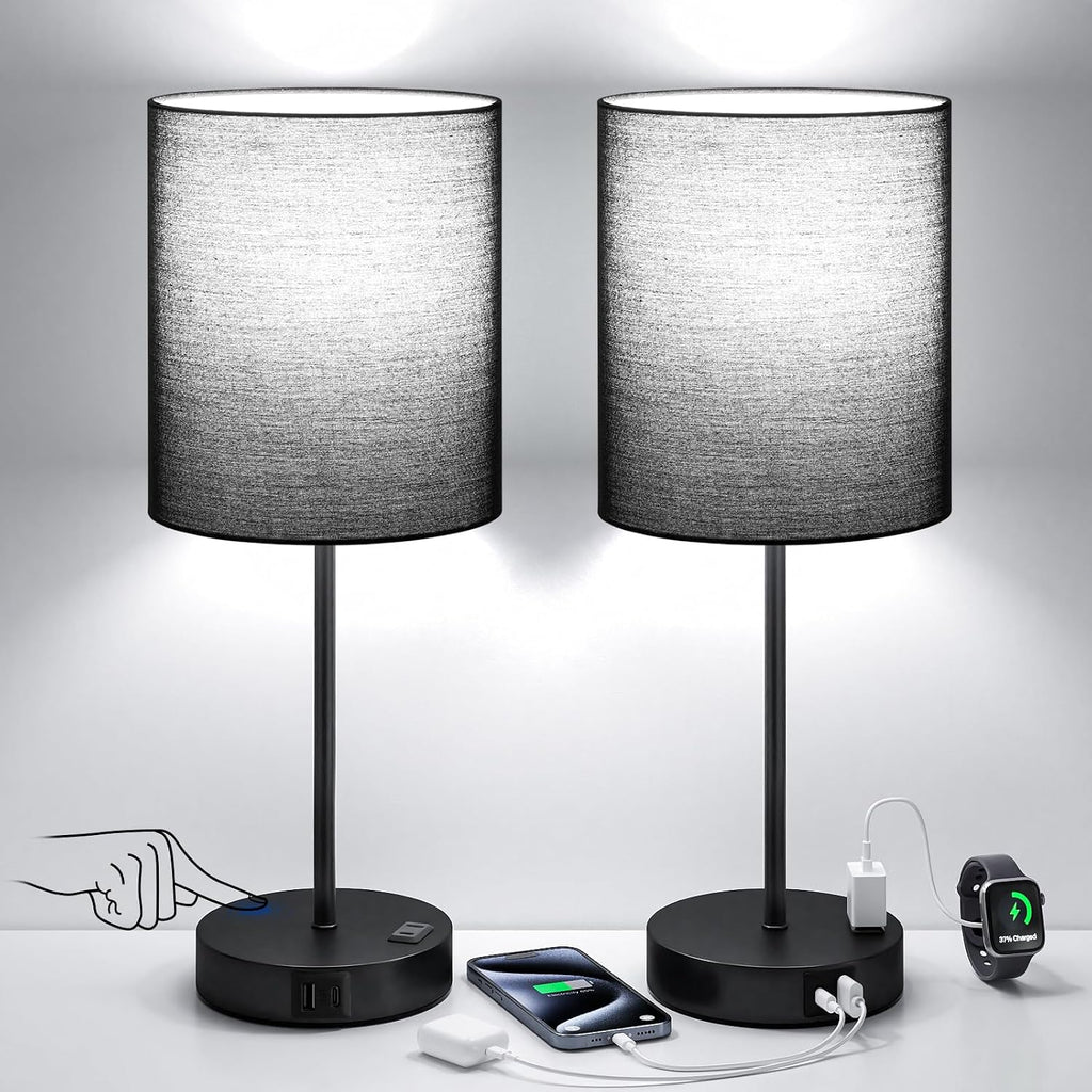 Fenmzeelighting Black Touch Lamps for Nightstand Set of 2 - Bedside Table Lamp for Bedroom with Dual USB Ports & AC Outlet, 3-Way Dimmable…