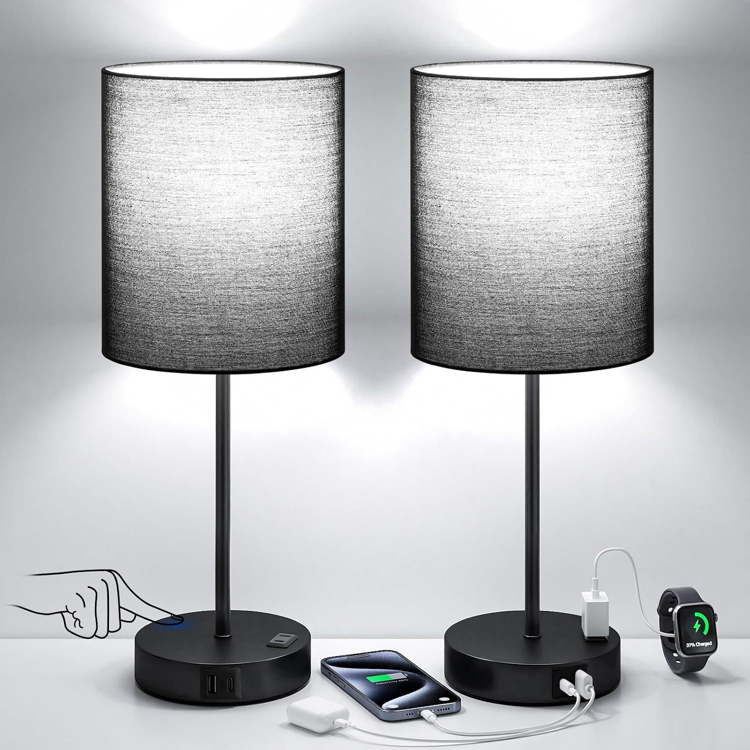 Fenmzeelighting Black Touch Lamps for Nightstand Set of 2 - Bedside Table Lamp for Bedroom with Dual USB Ports & AC Outlet, 3-Way Dimmable…